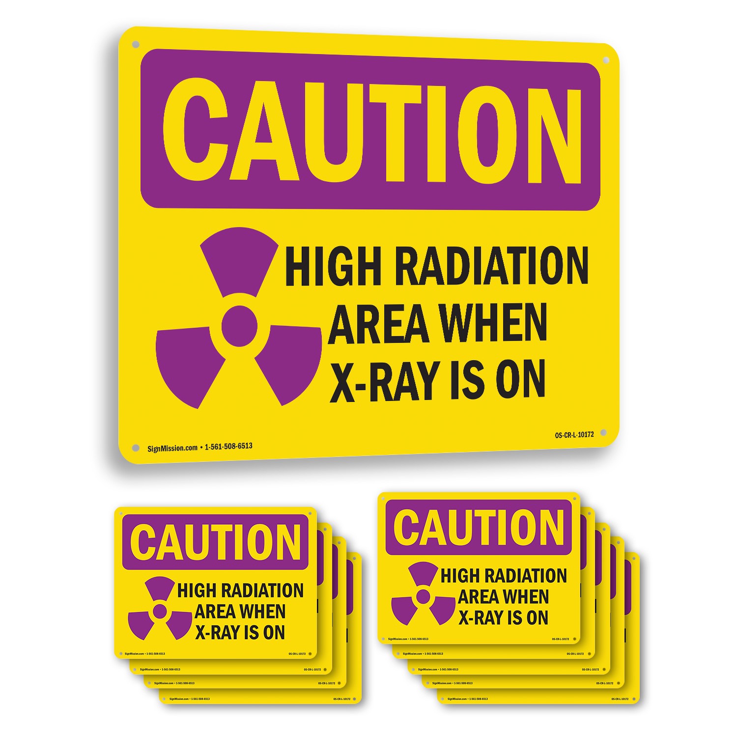 High Radiation Area X OSHA Caution Radiation Sign Metal, Decal – 5 or 10 Pack