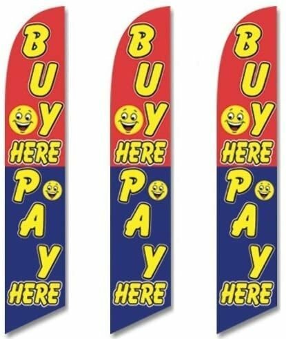 Three (3) Pack Full Sleeve Swooper Flags BUY HERE PAY HERE Red Blue Yellow