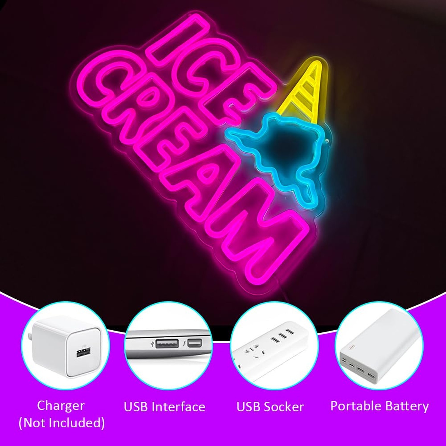 Ice Cream Neon Sign, Neon Signs for Wall Decor, Yellow Blue Pink Light Up Sig…