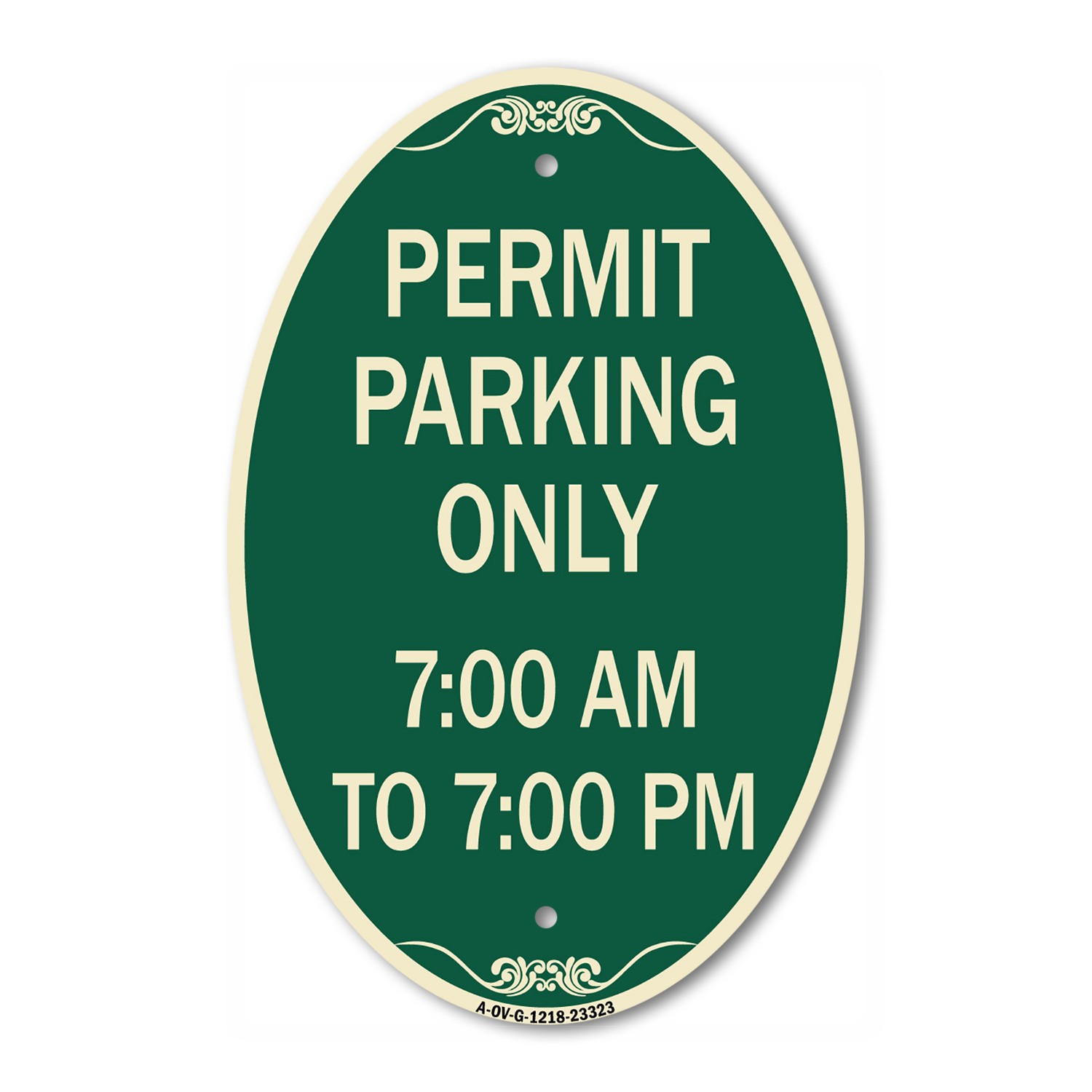 Permit Parking Only 7-00 Am to 7-00 Pm 12″ x 18″ Green & Tan Aluminum Oval Sign