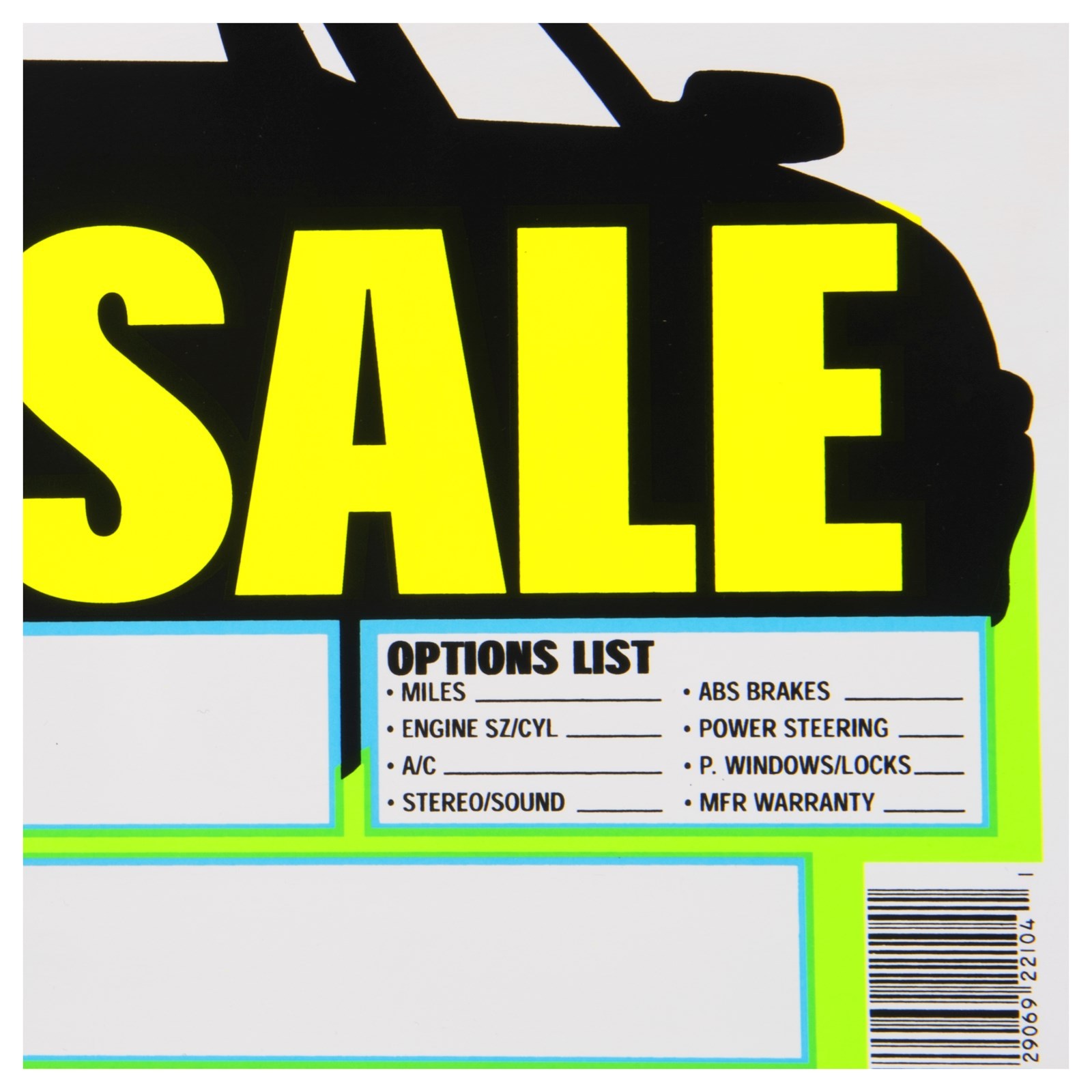 CAR FOR SALE Sign 9″ x 14″ Windshield window bRiGhT Yellow Plastic HY-KO 22104