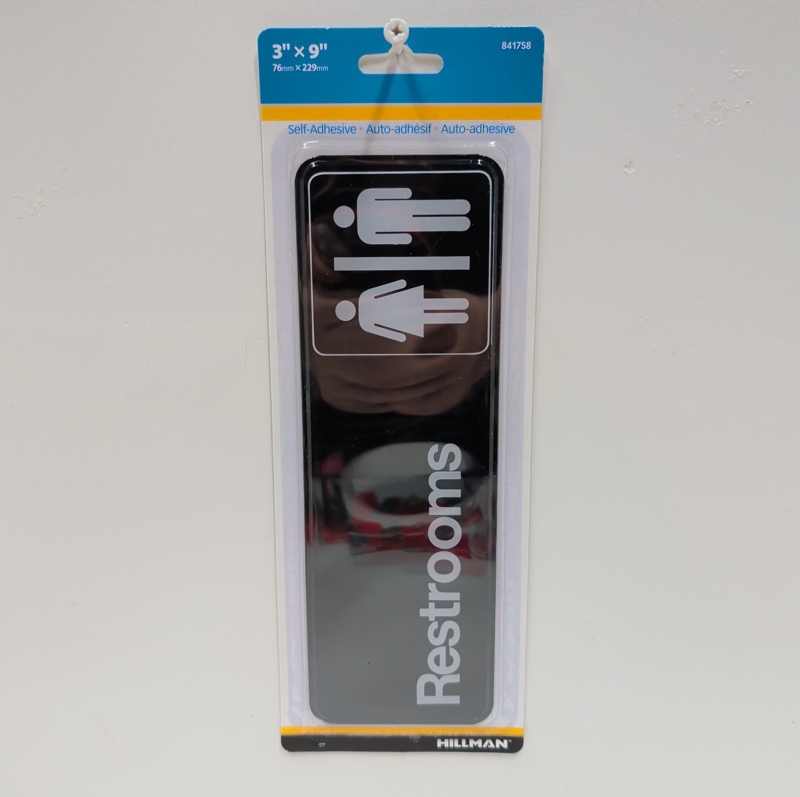 Hillman 841758 Restrooms Sign 3×9 Black White Adhesive Door Wall Office New Seal