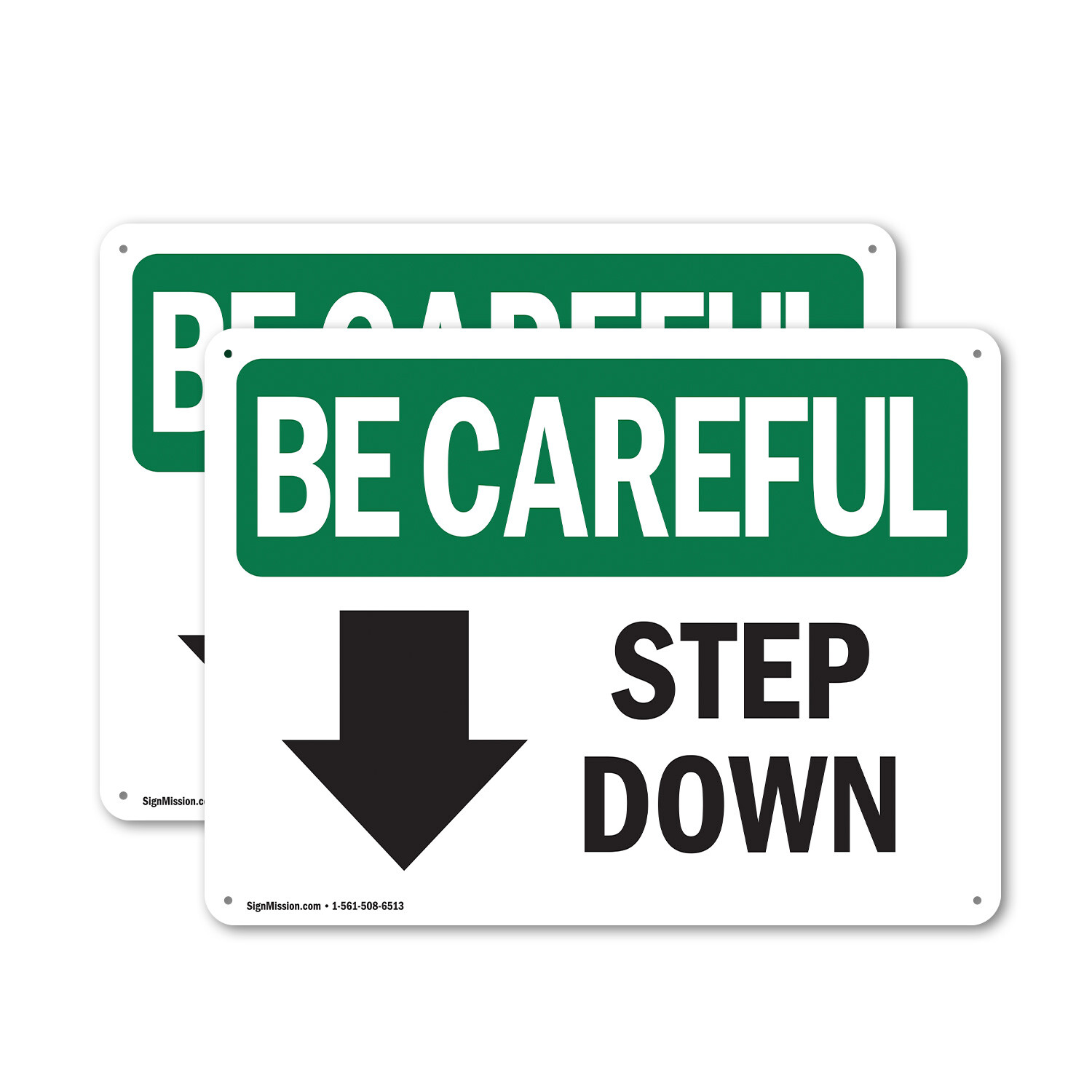 (2 Pack) Step Down [Down Arrow] With Symbol OSHA Be Careful Sign Decal Metal