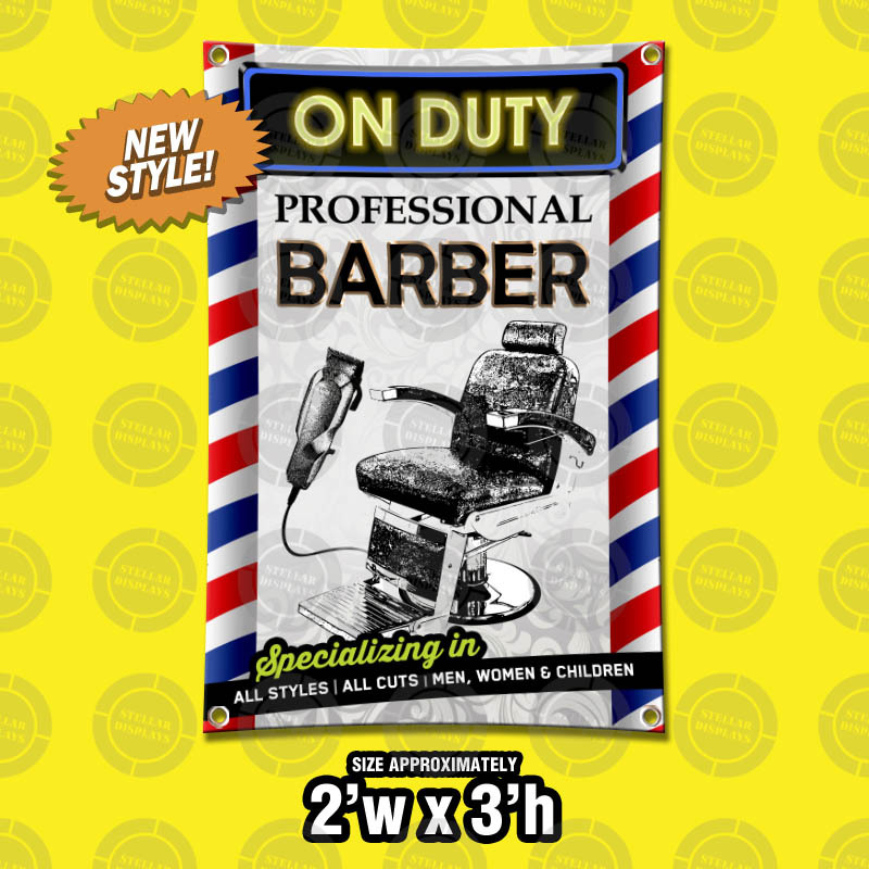 2’x3′ On Duty Professional Barber Shop Vinyl Banner Open Sign Clipper Chair Pole