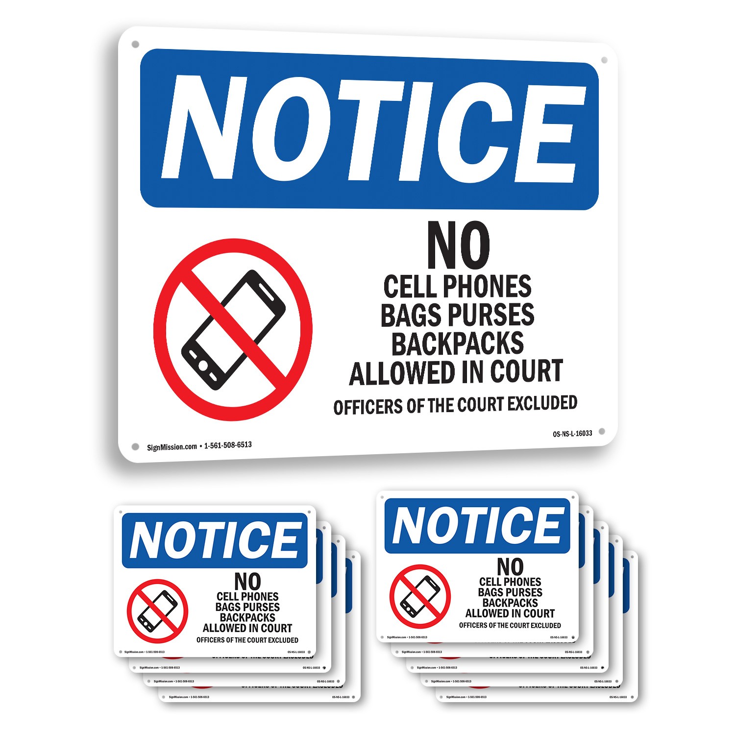 No Cell Phones Bags Purses In Court OSHA Notice Sign Or Decal – 5 or 10 Pack
