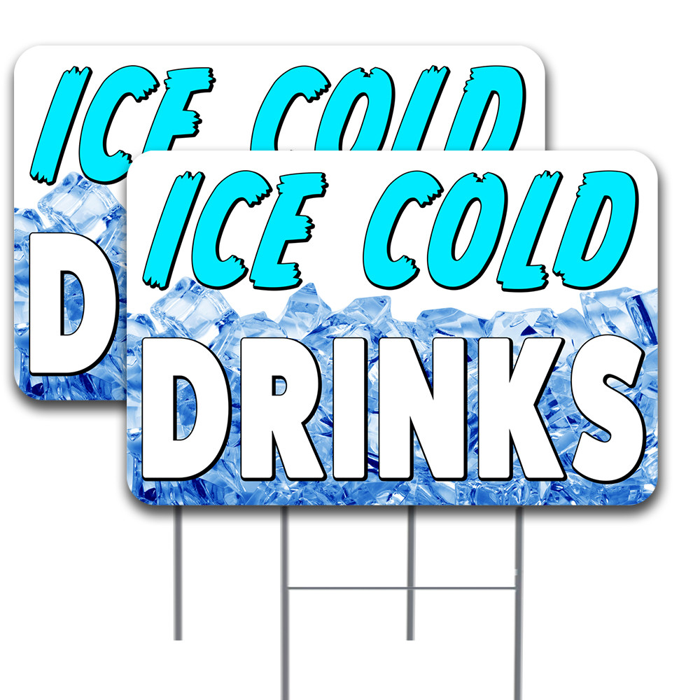 ICE COLD DRINKS 2 Pack Double-Sided Yard Sign 16″ x 24″ with metal stakes (Made