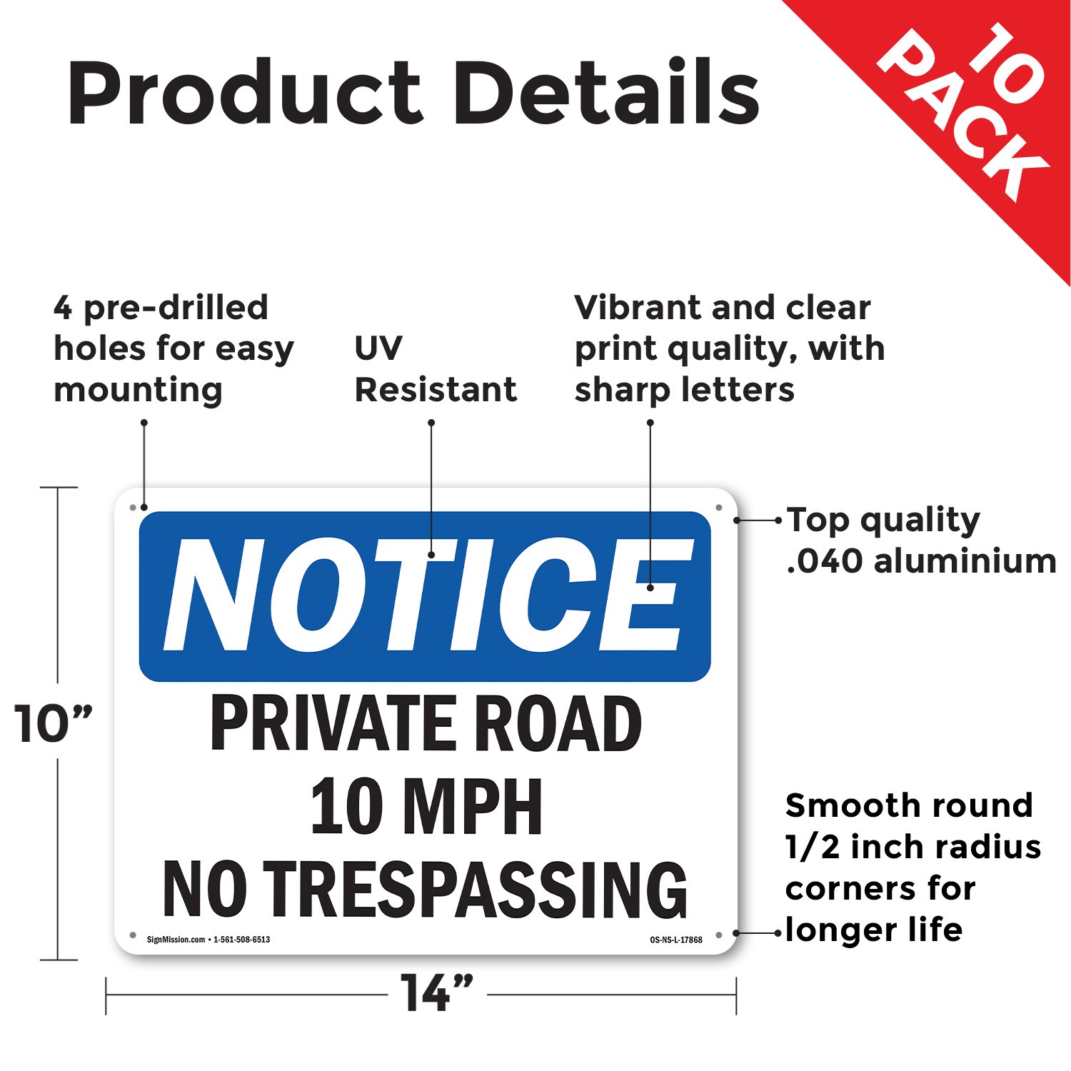 Private Road 10 MPH No Trespassing OSHA Notice Sign Metal, Decal – 5 or 10 Pack