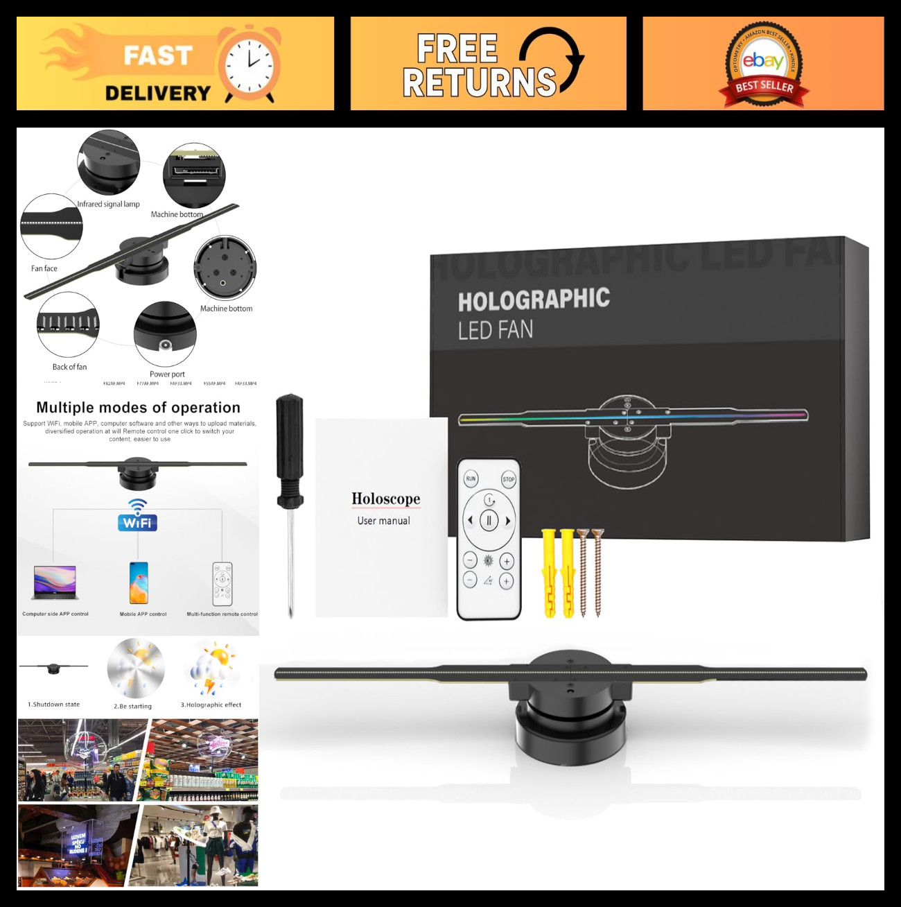 42CM 3D Hologram Fan Projector with WiFi, 244 LEDs, 2200 cd/m² Brightness for Di