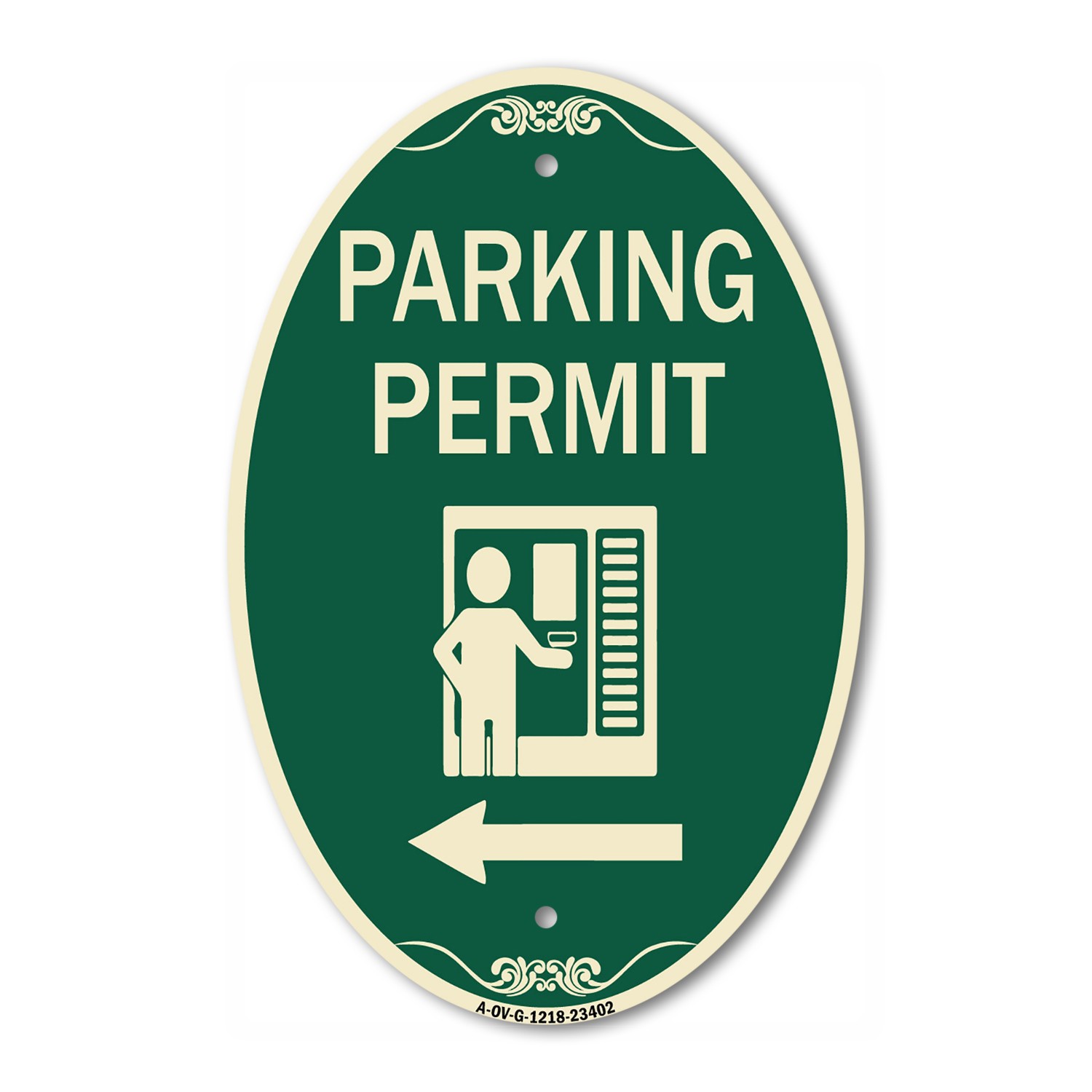 Parking Permit (With Left Arrow Symbol) 12″ x 18″ Green & Tan Aluminum Oval Sign