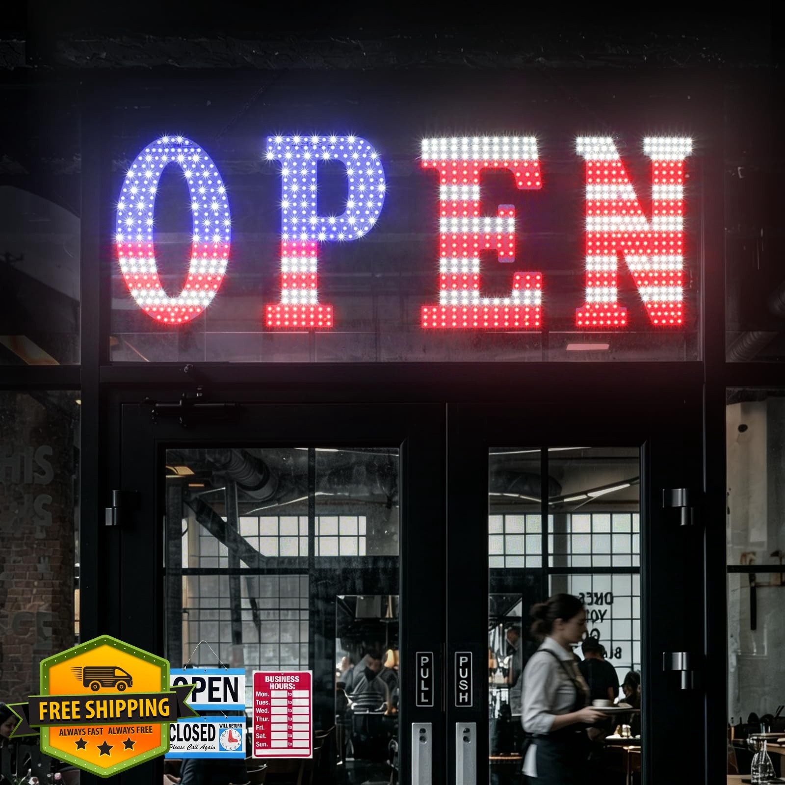 LemonNova USA Flag LED Open Sign 43″x14″