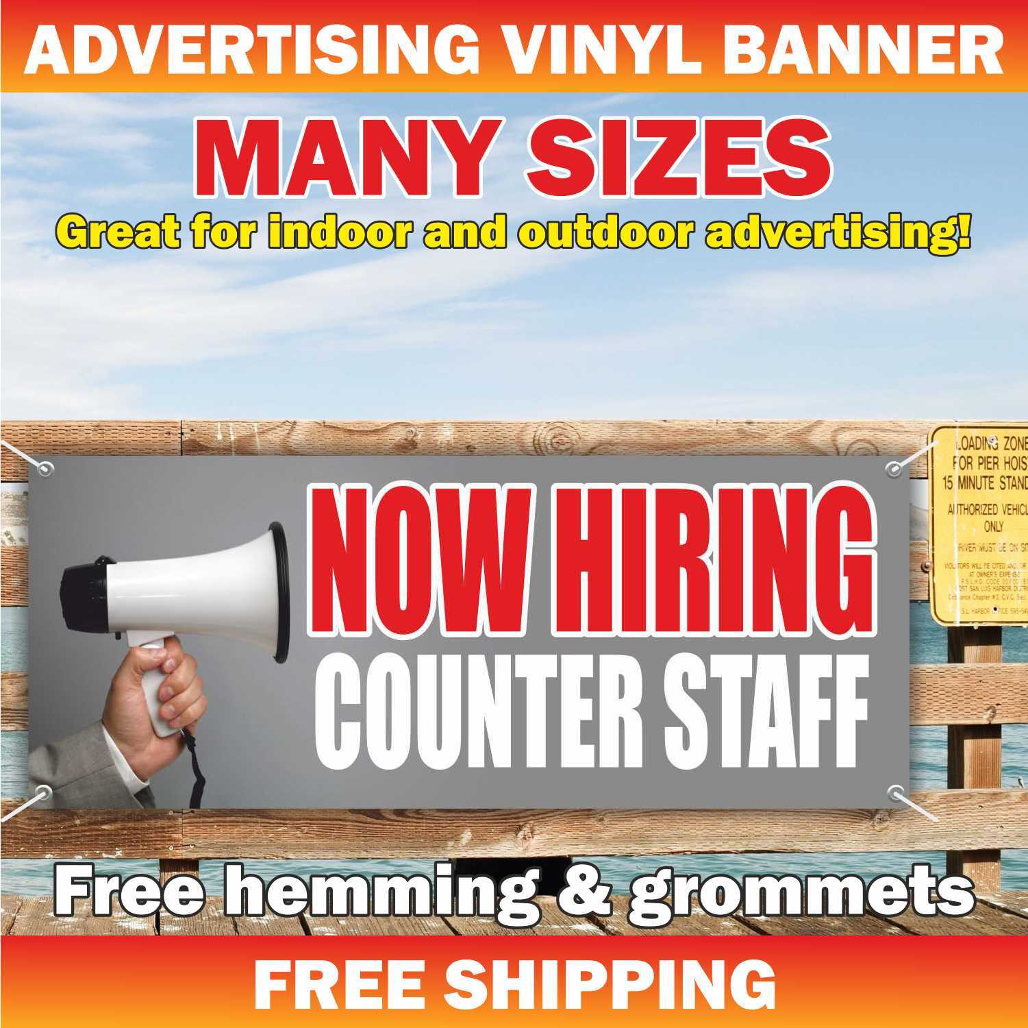 NOW HIRING COUNTER STAFF Advertising Banner Vinyl Mesh Sign job help wanted