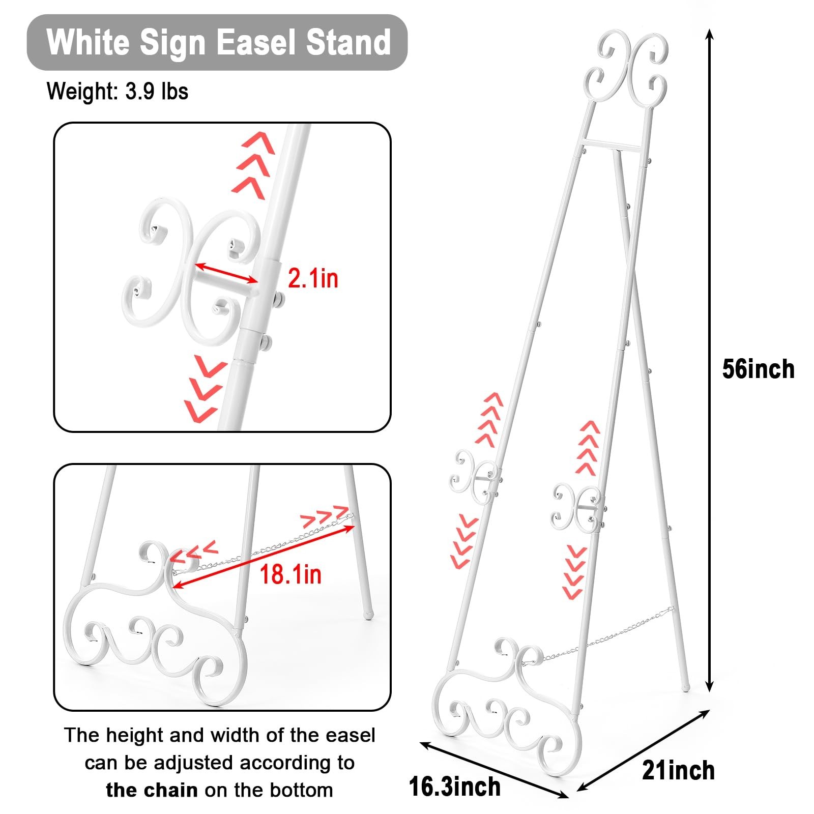 Metal Floor Standing Display Easel, 56″ H White Decorative Scroll Easel Stand…