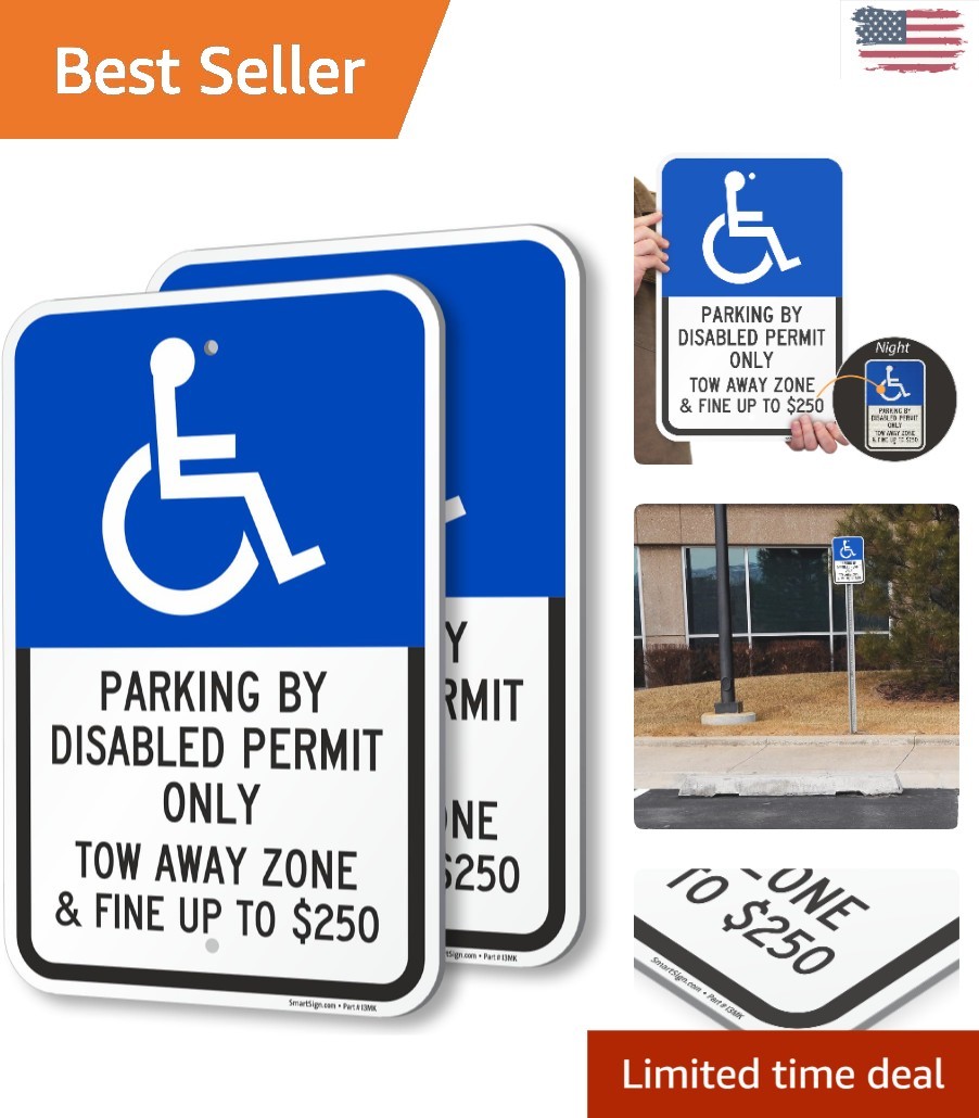 2 Pack Blue and White Reflective Parking By Disabled Permit Signs, 18×12