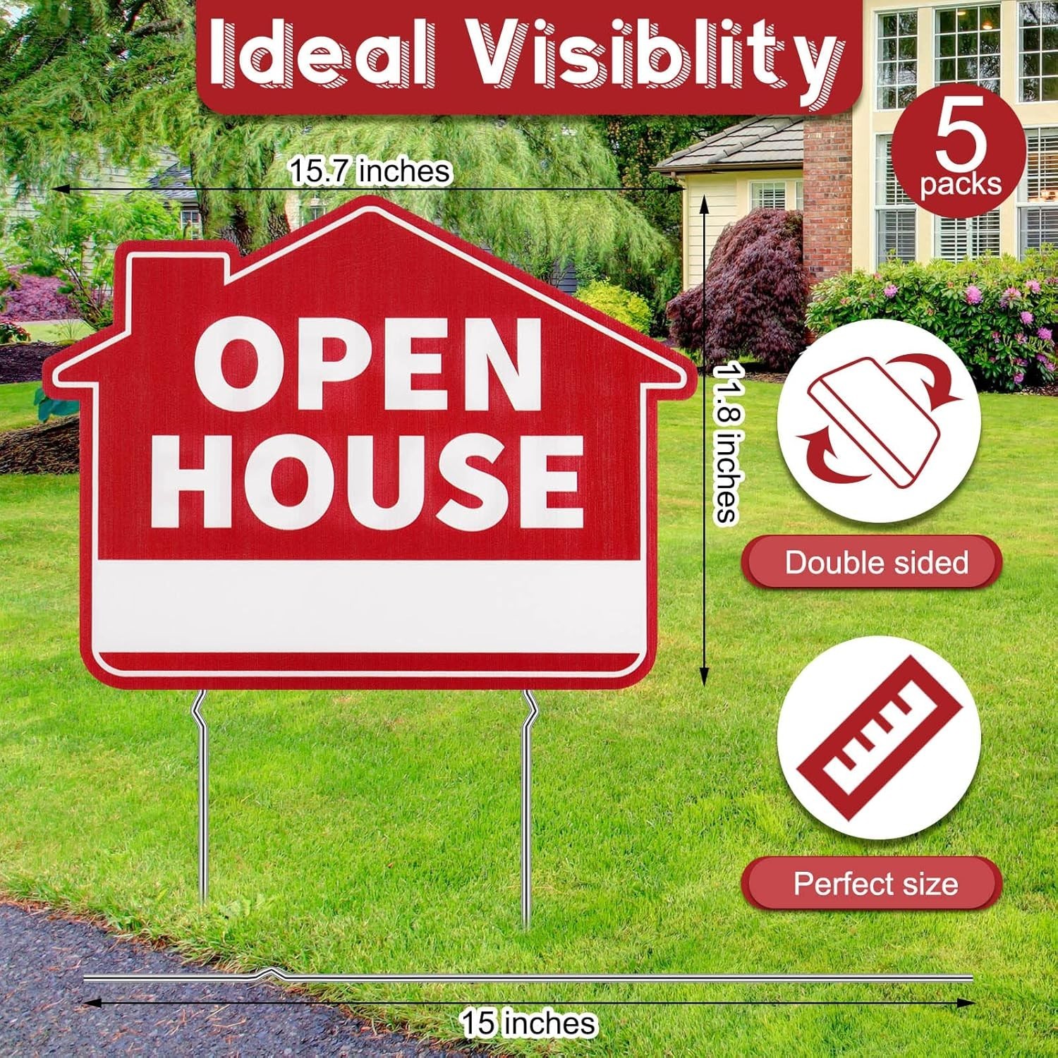 Large 5-Pack Double Sided Red Open House Signs with Metal Stakes – 16″x12″