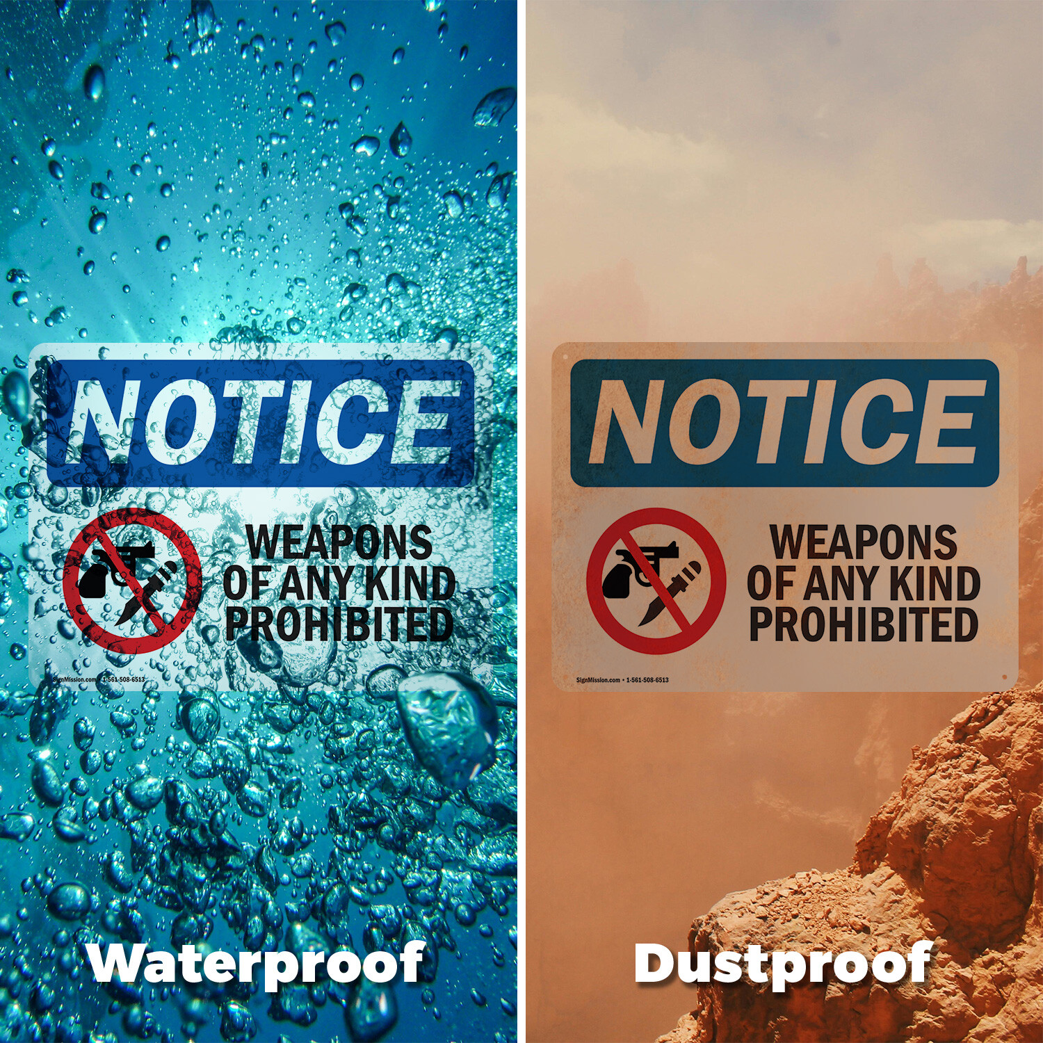 (2 Pack) Weapons Of Any Kind Prohibited OSHA Notice Sign Decal Metal Plastic