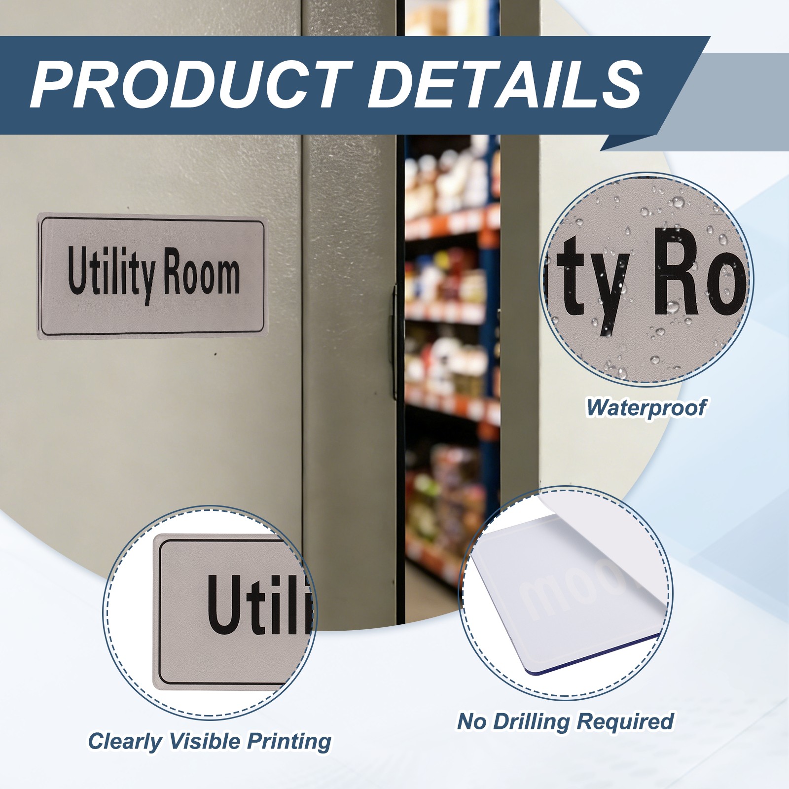 9″x3″ Utility Room, 2Pcs Room Door Sign Self-Adhesive Light Gray with Black Text