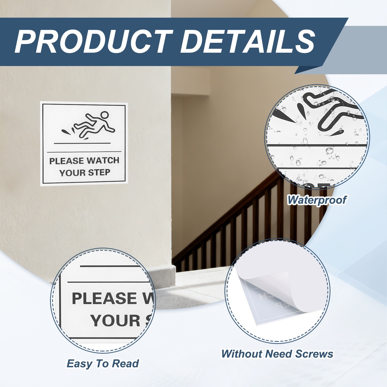 8″ x 8″ Please Watch Your Step Sign, 2 Pcs Warning Sign White with Black Text
