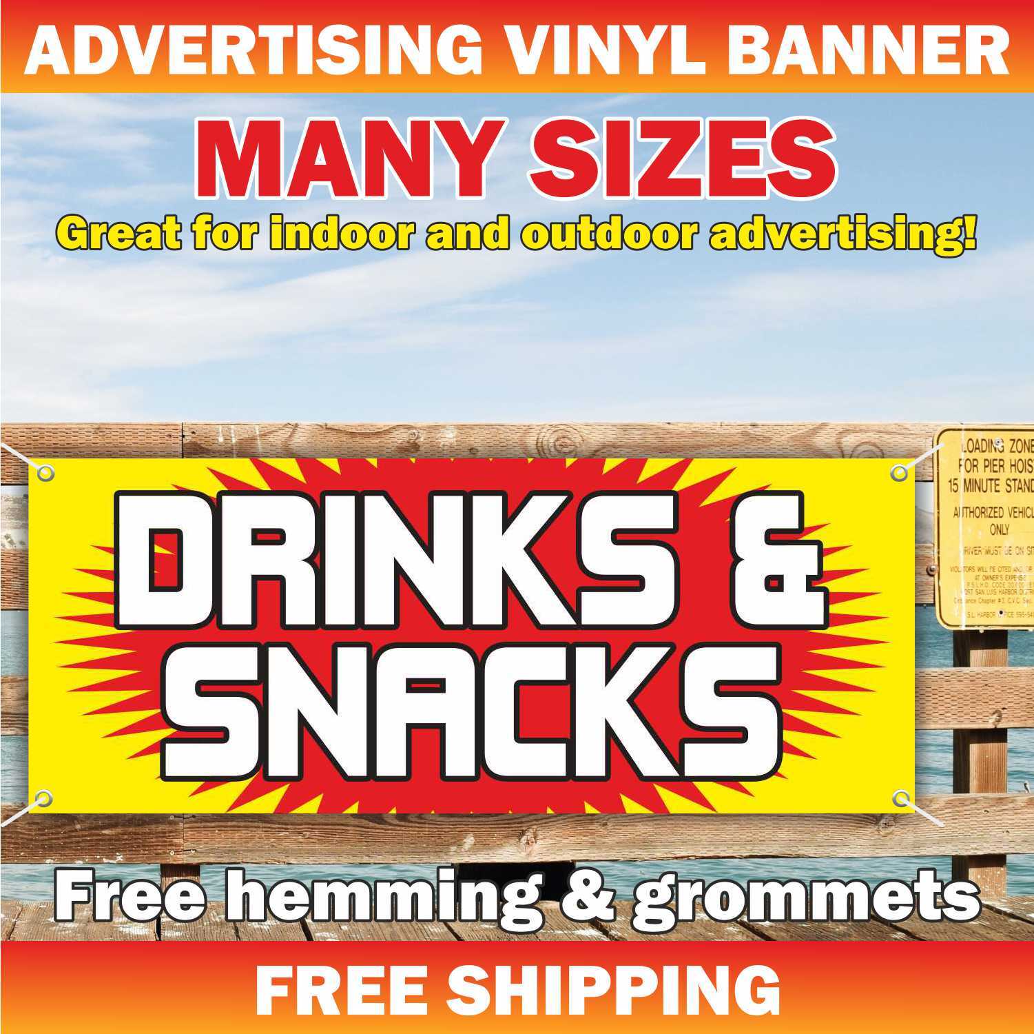 DRINKS SNACKS Advertising Banner Vinyl Mesh Sign bar cold sandwiches kettle corn