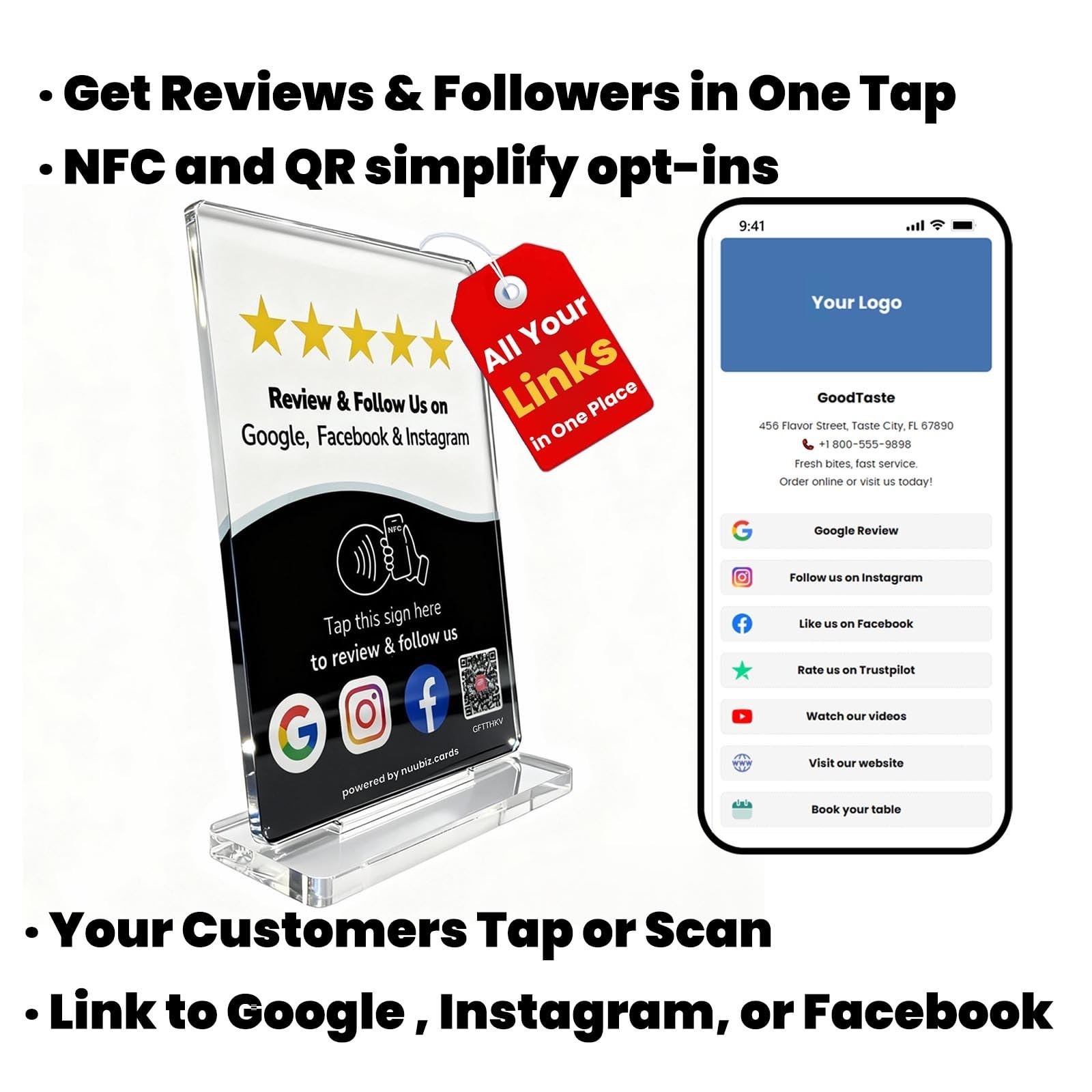 Review Tap Card Stand Compatible with Google & Social Media Follow Us Sign fo…