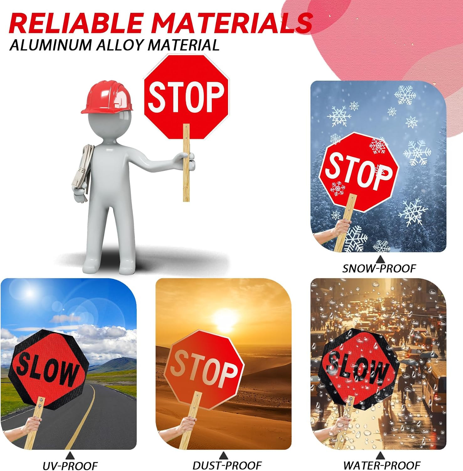 4-Pack 13″ Handheld Reflective Stop Signs, Aluminum, Weather Resistant