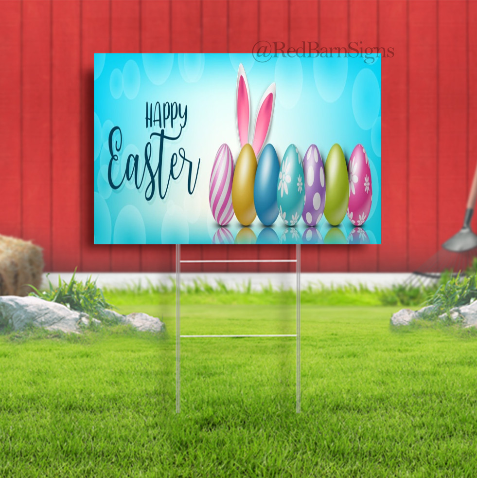Happy Easter colorful eggs easter bunny Indoor Outdoor Yard Sign