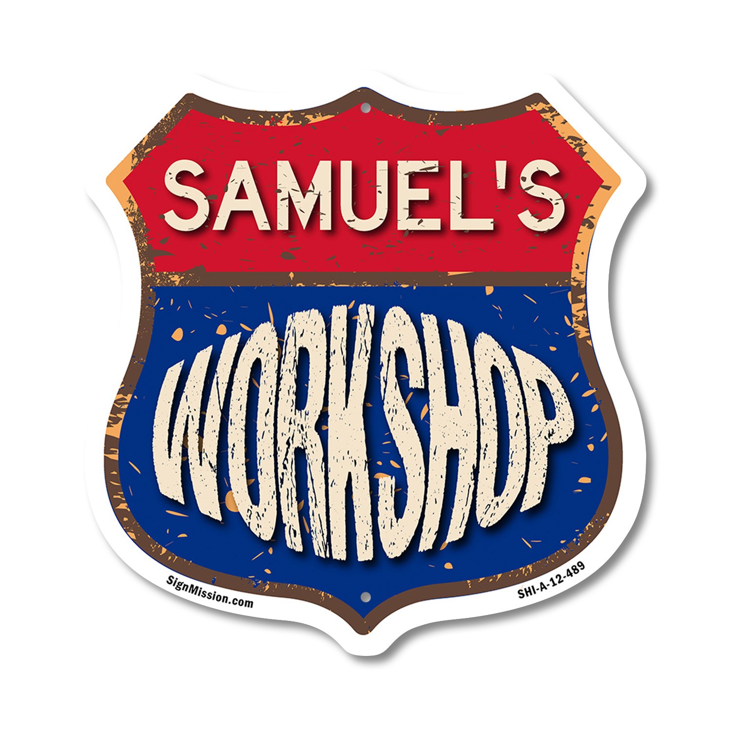 Samuel’s Workshop Shield Shaped Sign Weather Resistant Crafted in the USA