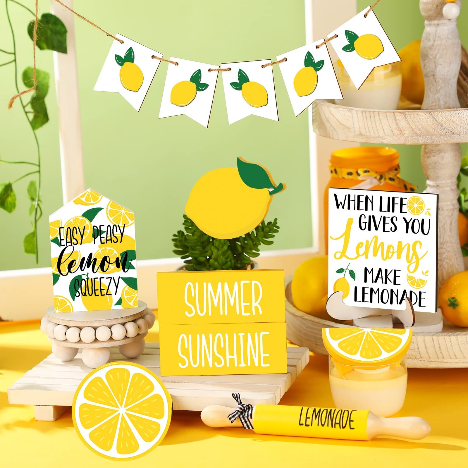 14 Pcs Summer Lemon Tiered Tray Decor Set Summer Table Decoration Lemonade Wo…