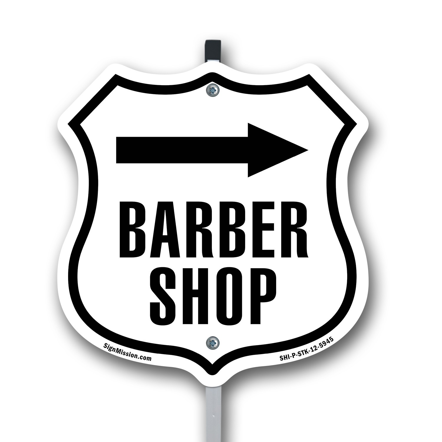 Barber Shop Right Shield Shaped Sign With Stake Crafted in the USA