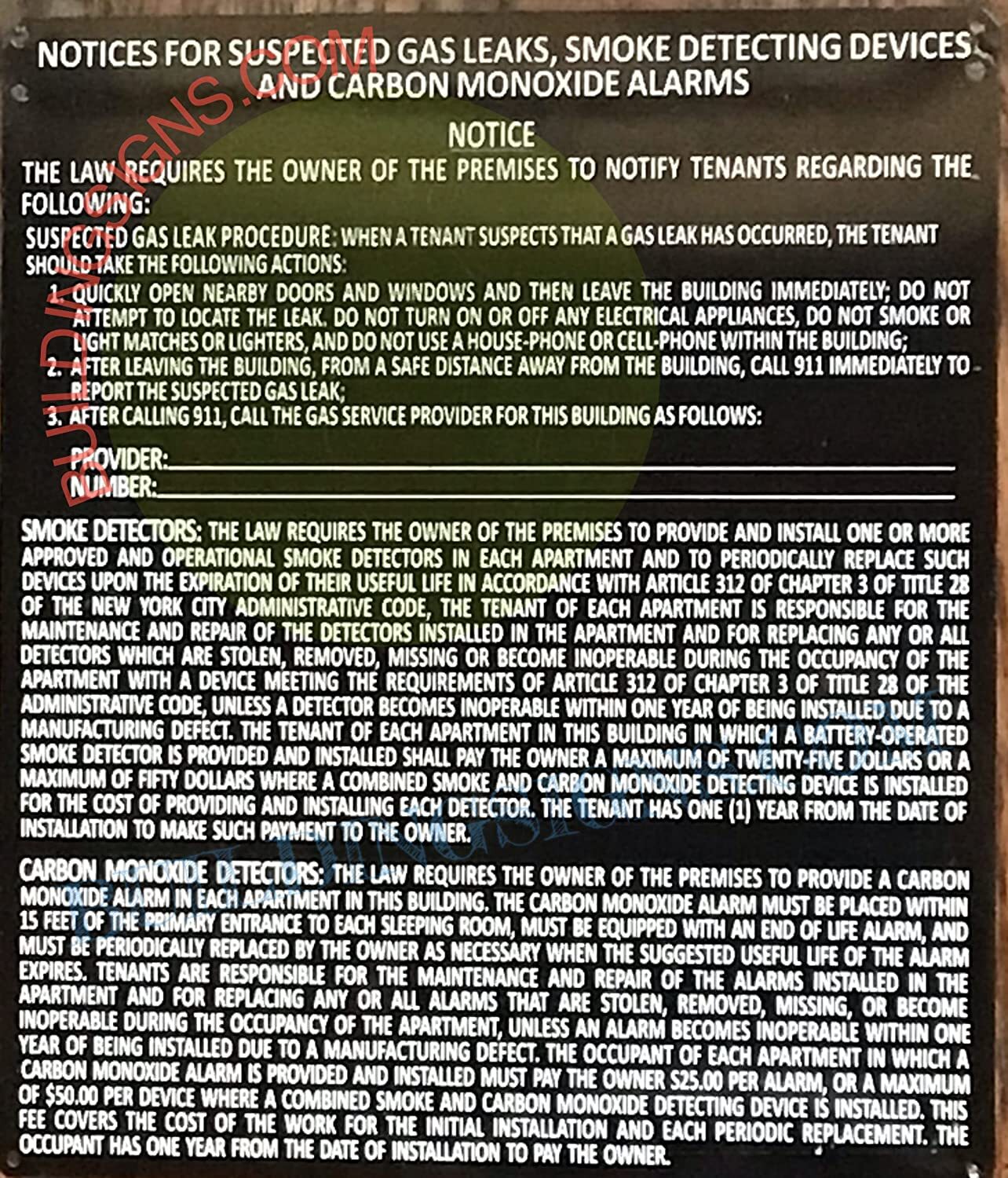 HPD Sign Notice for Suspected Gas Leaks, Smoke Detecting-REF24-1027