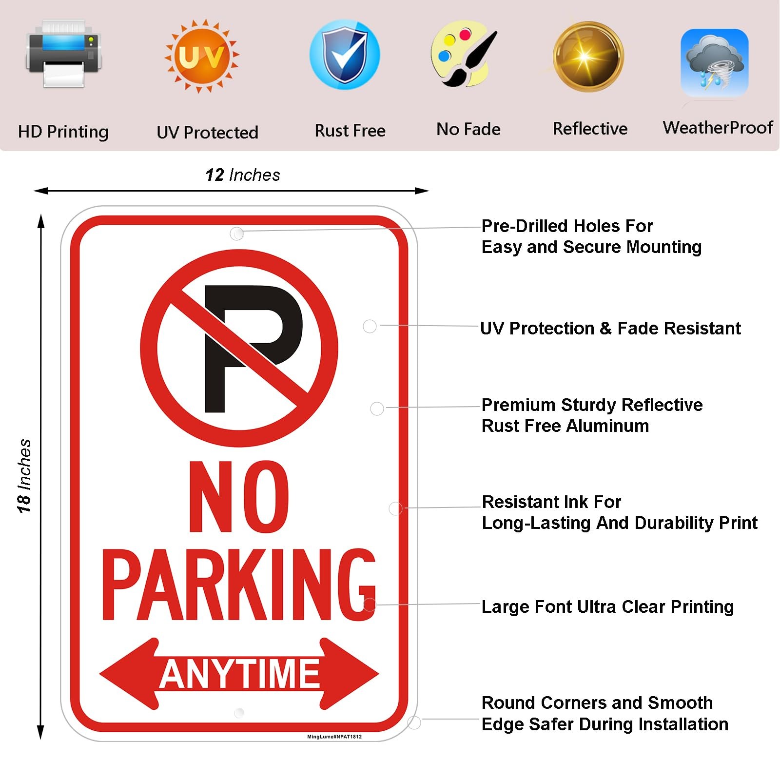 2 Pack Large No Parking Anytime Signs with Arrow, 18×12 Inch RustFree Reflect…