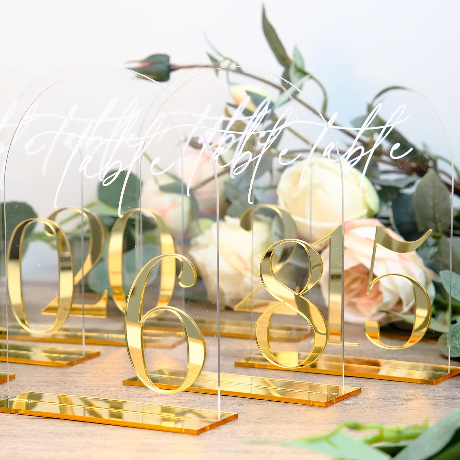 Clear Arch Wedding Table Numbers 110 Stands 5×7 Inch Acrylic Signs Gold Event