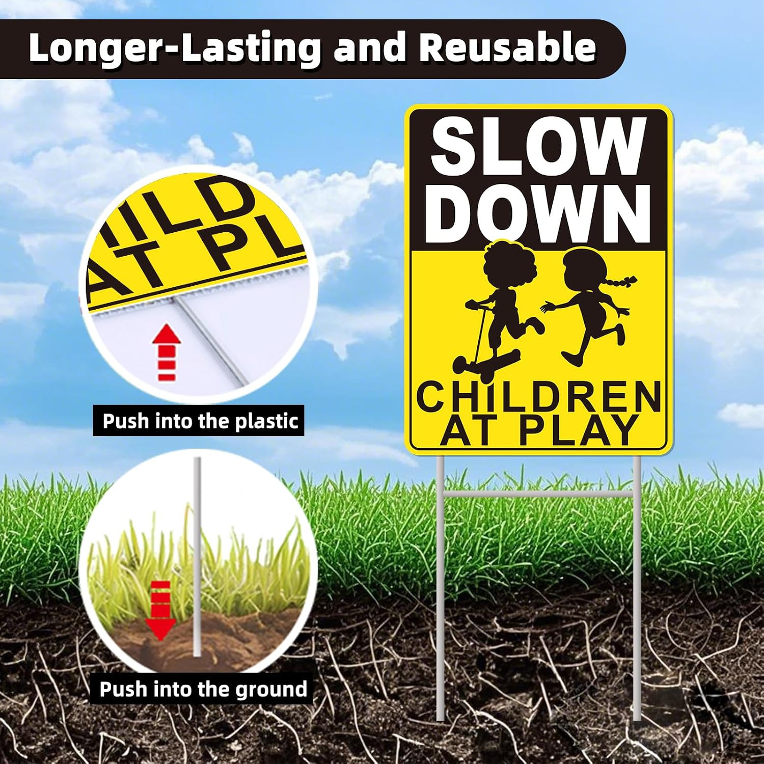 Slow Down Children at Play Signs 2 Pack Weatherproof Yard Signs with Metal Stake