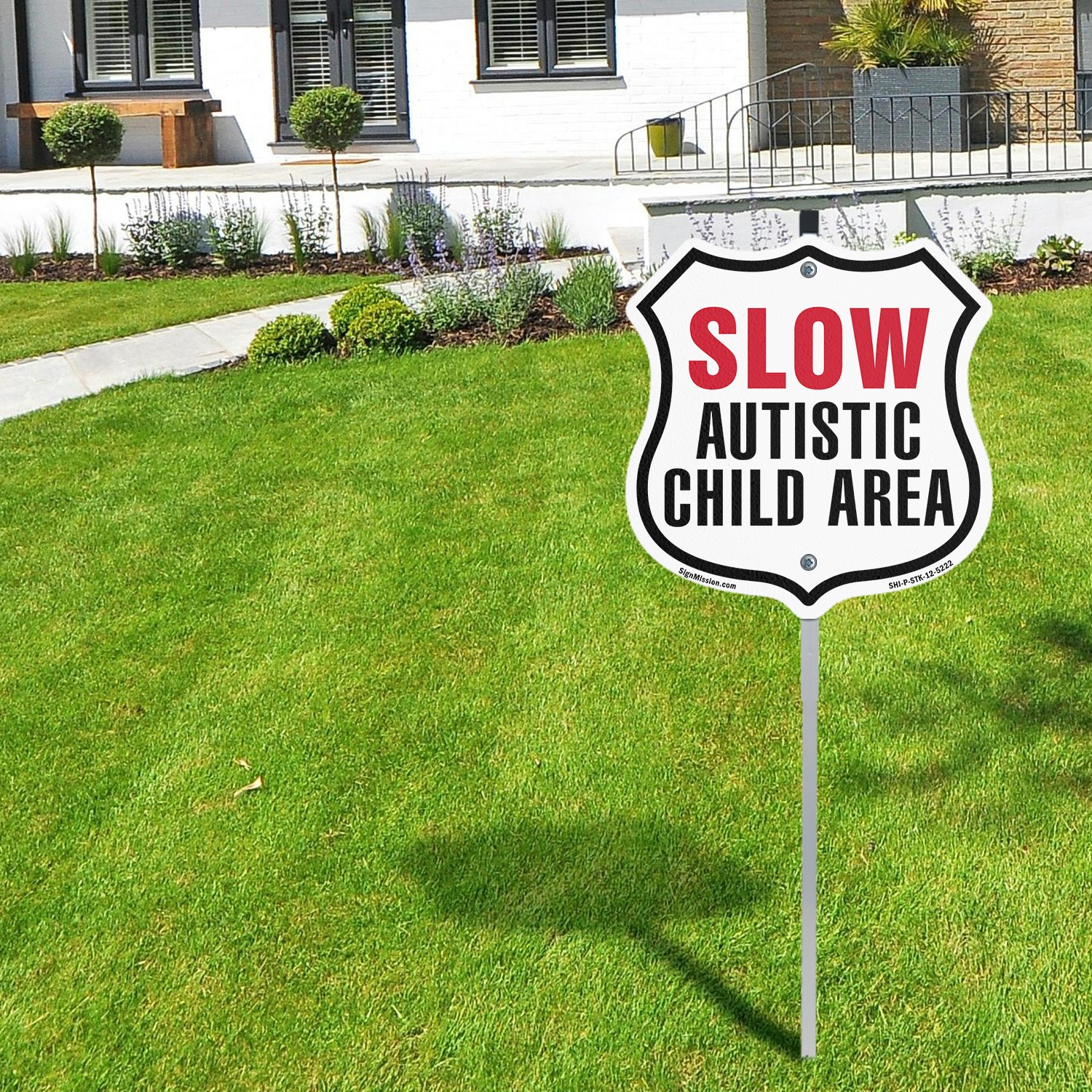 Slow Autistic Child Area Shield Shaped Sign With Stake Crafted in the USA