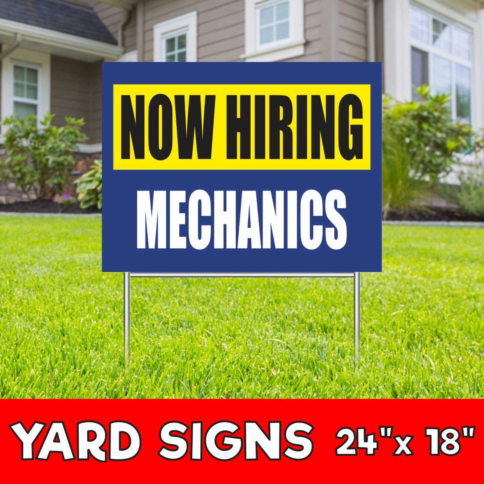 NOW HIRING MECHANICS Yard Sign Corrugate Plastic with H-Stakes job auto repair