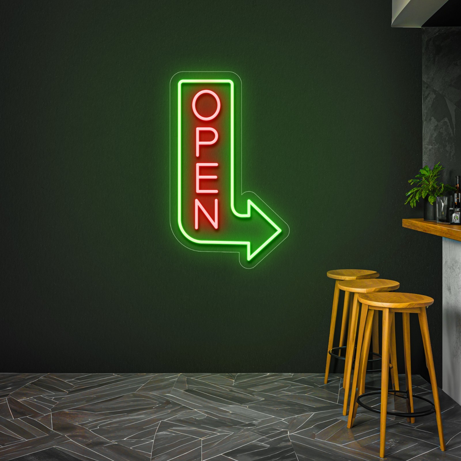 Vertical Open Arrow Sign to the Right, Outside Door Lights Pointing Arrow Sign