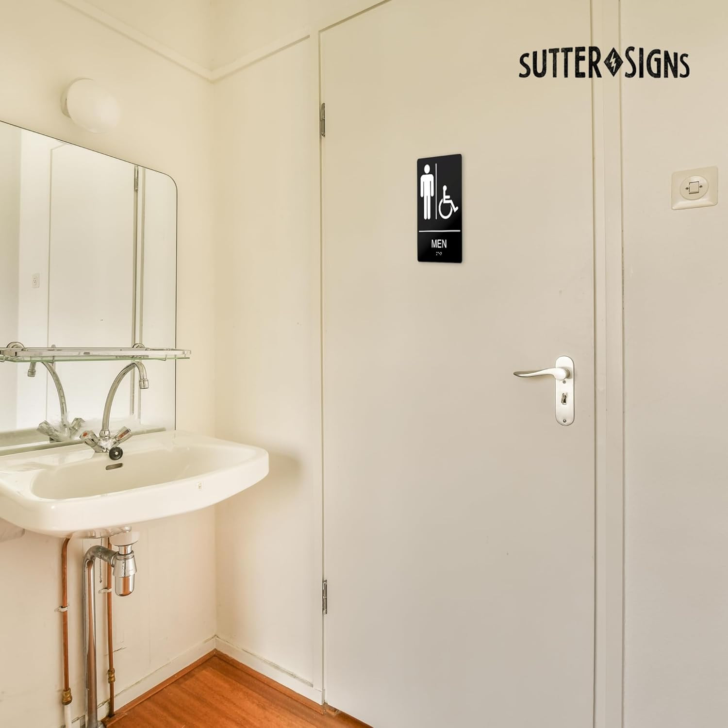 ADA Compliant Men’s Room Sign – Self-Adhesive ABS Plastic Braille Sign – 9″ x 6″
