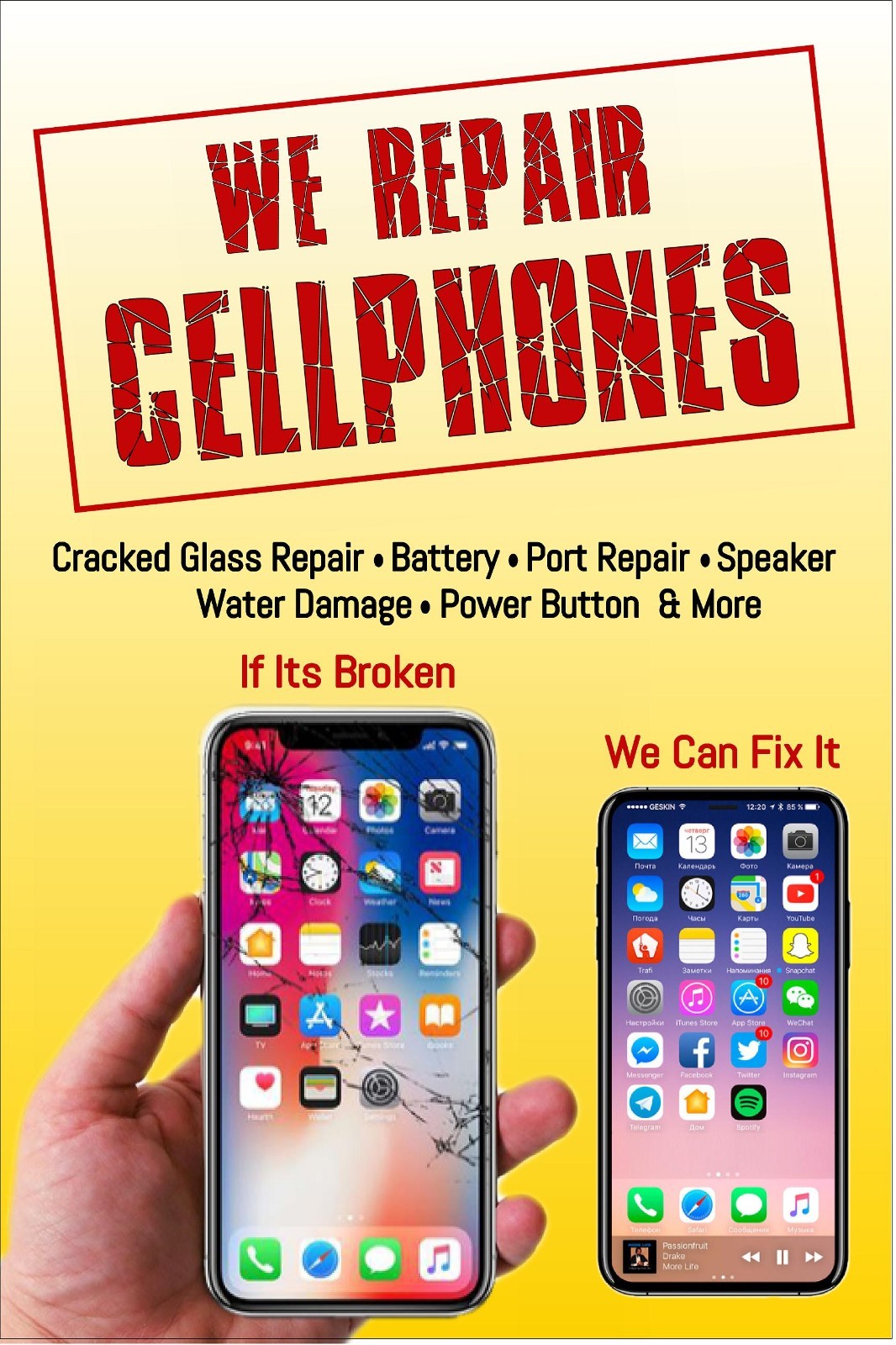 We Repair Cell Phones cracked glass battery ports button Advertising poster sign