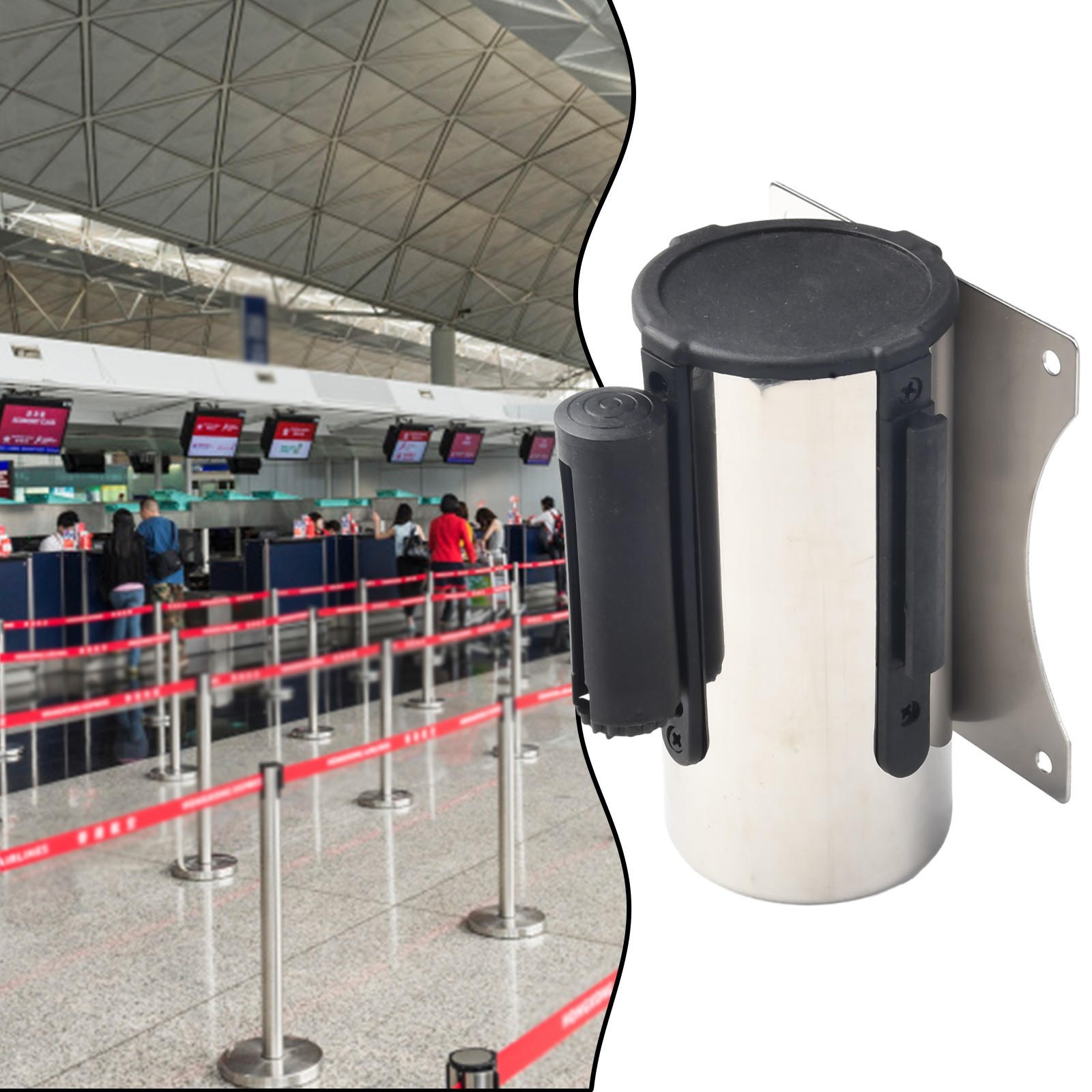 Wall Mount Queue Barrier With Retractable Tape And Stainless Steel Case
