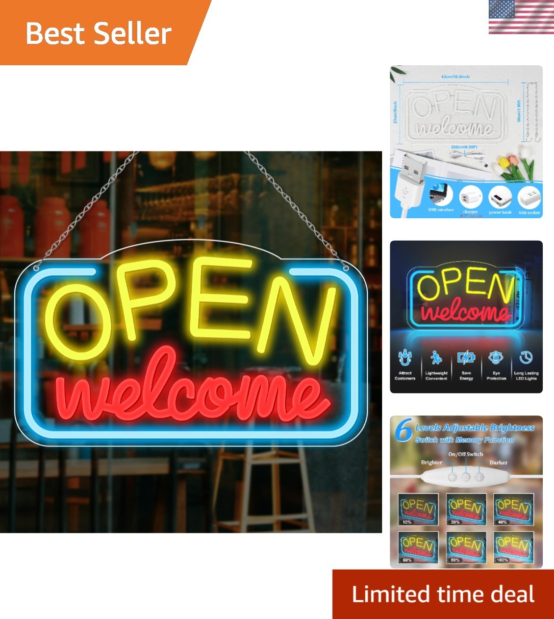 Eye-Catching LED Neon Open Sign for Bar, Cafes, and Shops – 16.9” x 9.4”