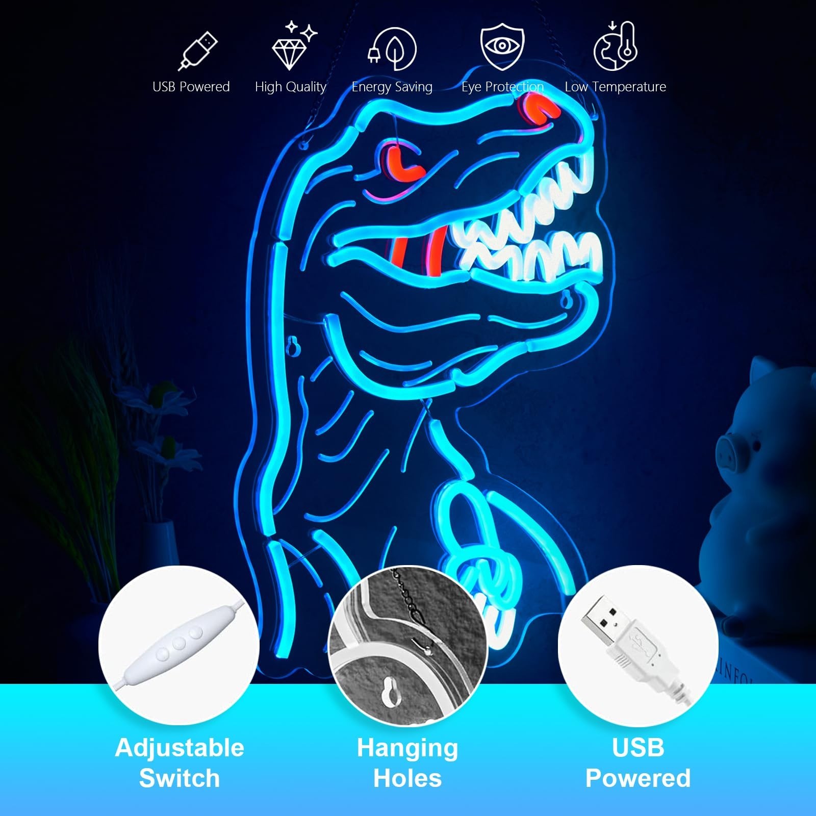 Dinosaur Neon Sign T-REX Neon Sign for Wall Decor Dino USB Dimmable Neon Ligh…