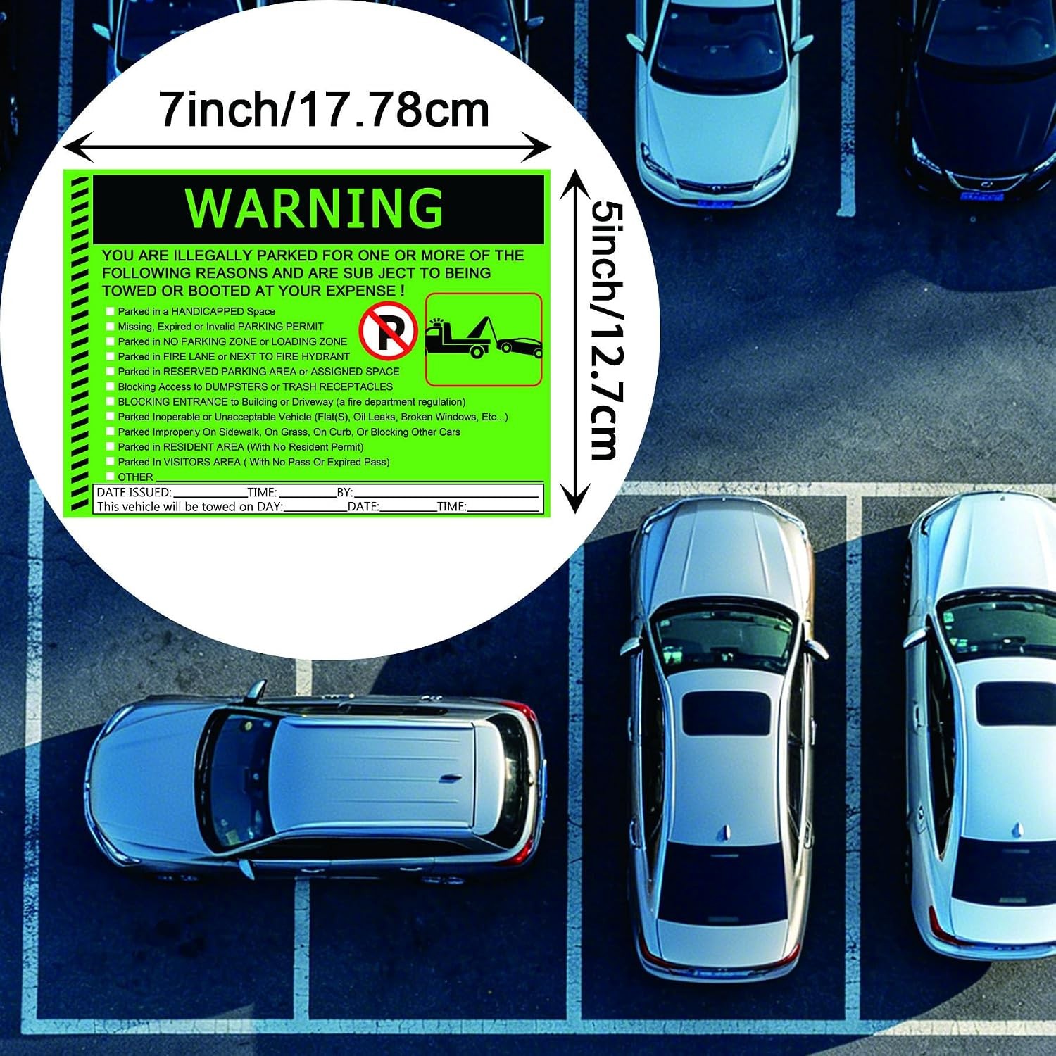 Fluorescent Green Parking Warning Stickers Illegal Parking Sign 50 Pack