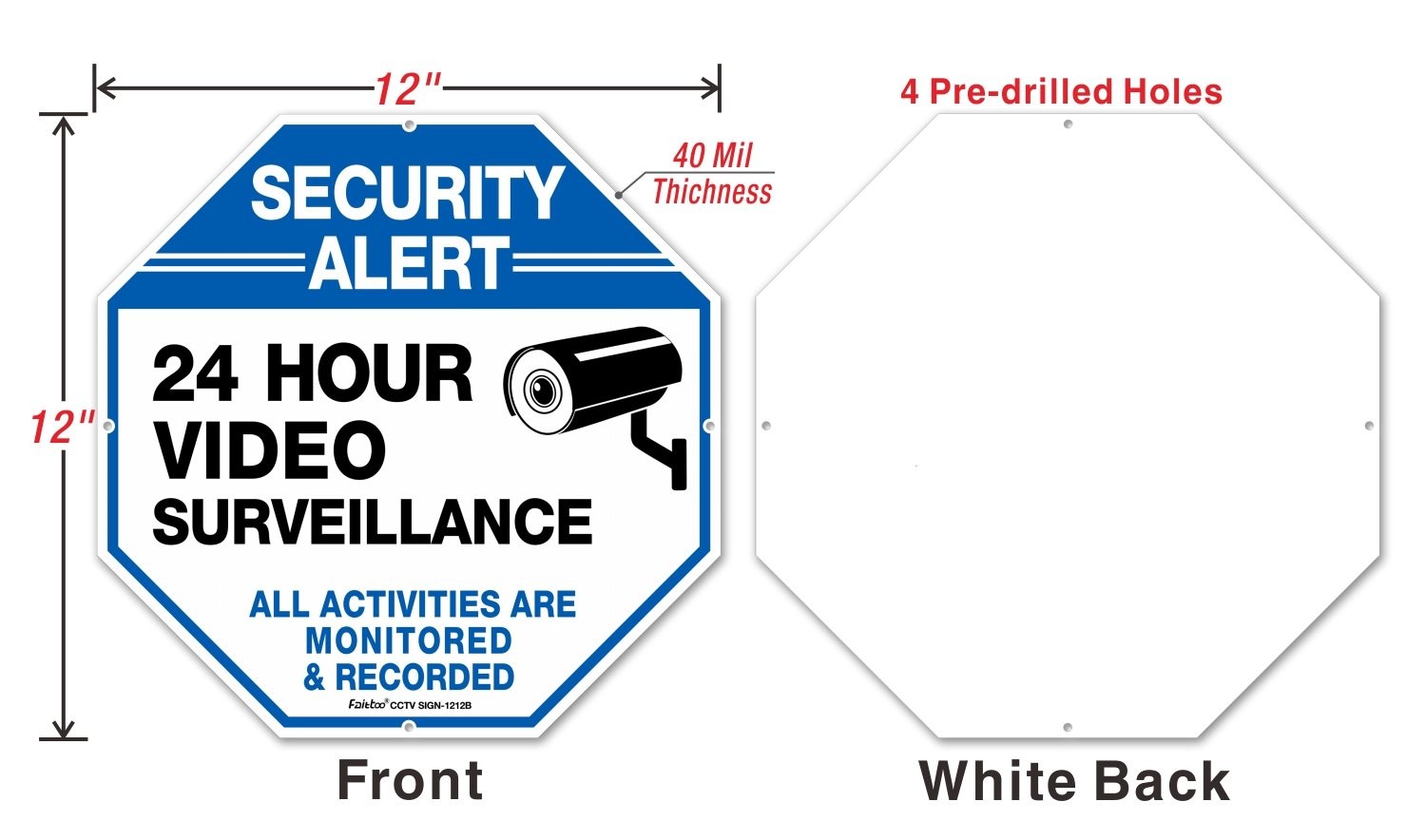2Pack Video Surveillance Signs, 12 x 12 Inches .040 Aluminum Security Warning…