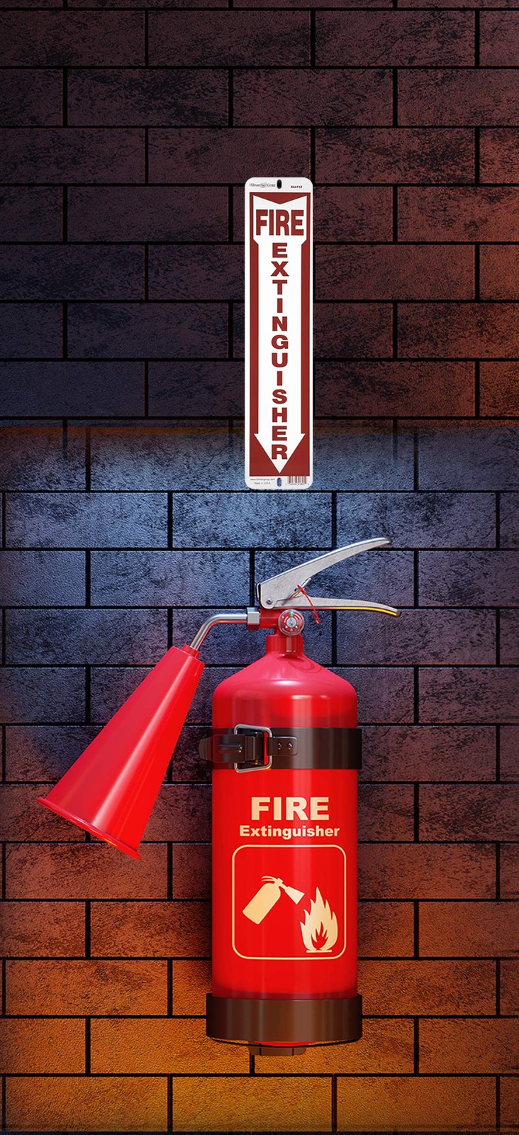 844112 White and Red Aluminum Fire Extinguisher Sign with Arrow Symbol, 4″ x 18″