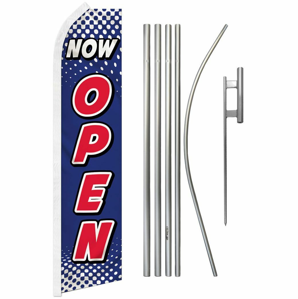 “NOW OPEN” Advertising Super Flag & Pole Kit blue & white