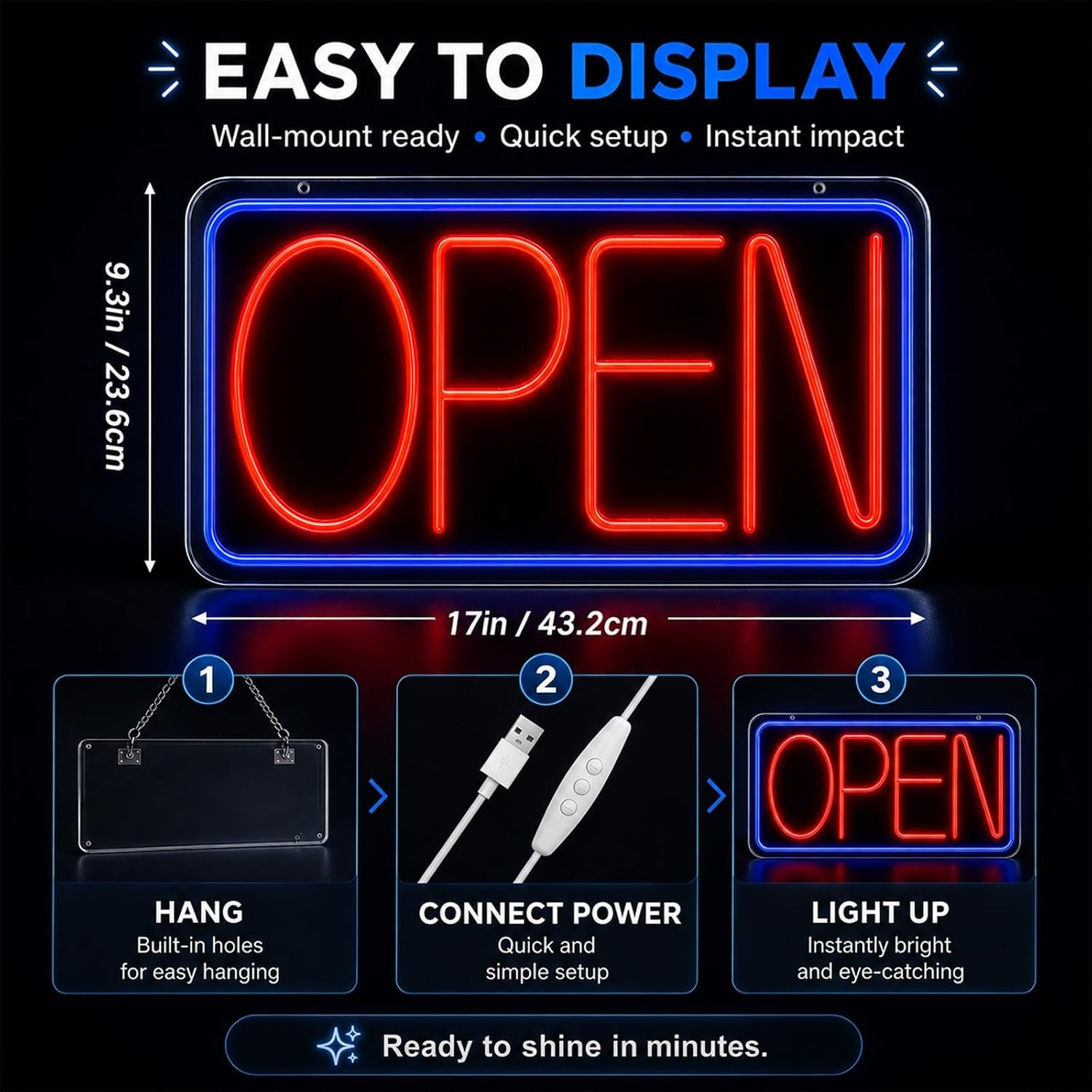 Open Sign Neon Light 17″ X 9.3″ LED Open Sign for Business Window Ultra Bright