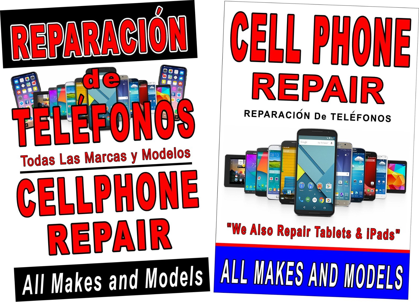 Cell Phone Repair English and Spanish Advertising poster signs 2 sign bundle