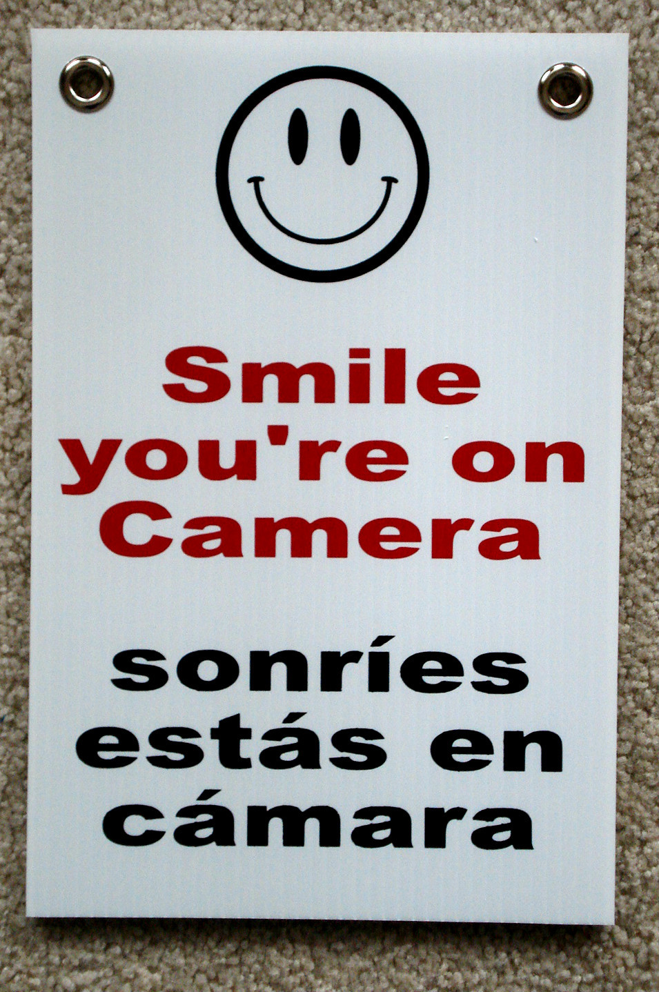 SMILE YOU’RE ON CAMERA SIGN 8″x12″ w/ Grommets Security Surveillance Spanish