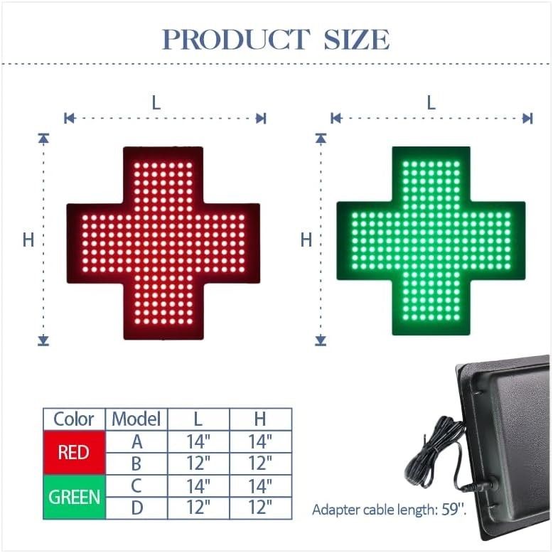 LED Med Cross Sign – 14 Inch Green Lighted Pharmacy & Clinic Business Sign