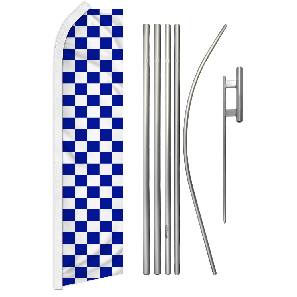 Blue & White Checkered Swooper Flutter Feather Advertising Flag Pole Kit Racing