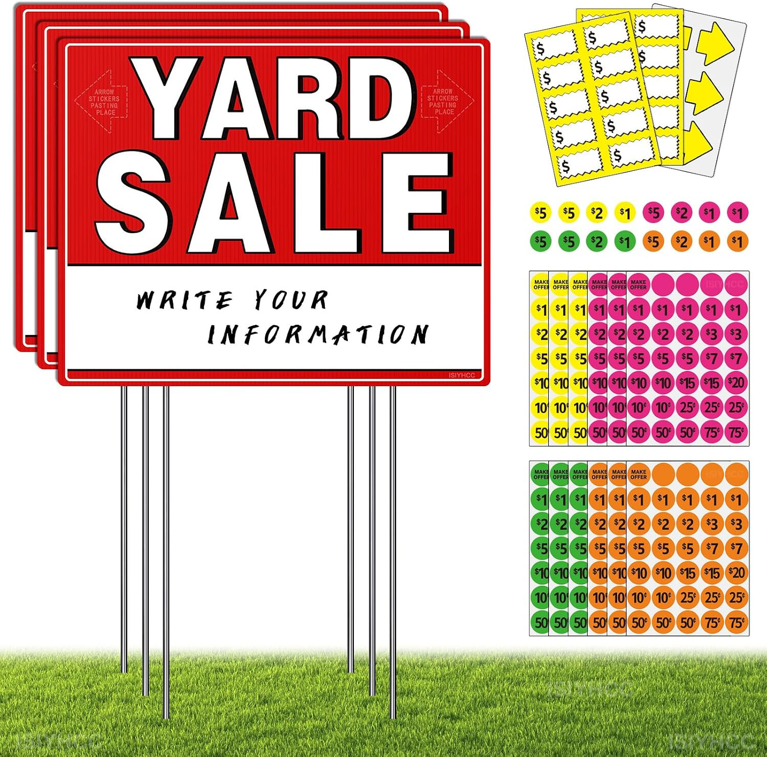 Yard Sale Signs Kit with Price Stickers , 3 Pcs Yard Sale Signs with Stakes, 5